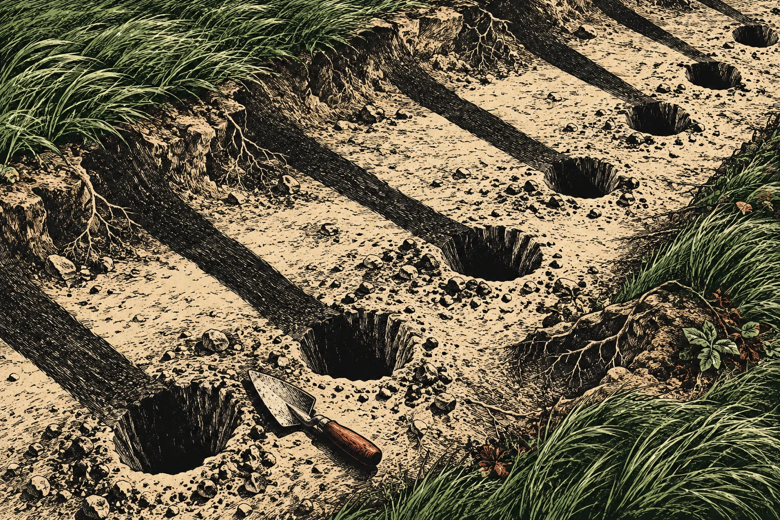 A woodcut-style illustration shows rows of deep holes in sandy soil bordered by grass, with a hand trowel lying beside them.