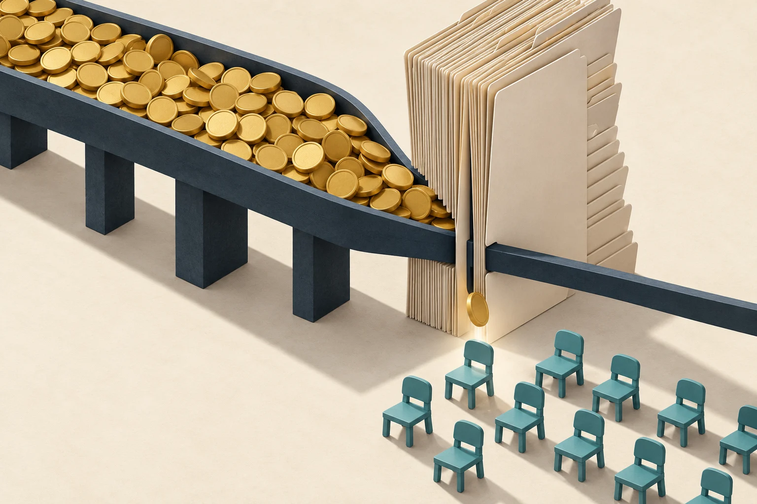 Gold coins travel along a dark conveyor through upright beige folders, with one coin dropping toward rows of small teal chairs.