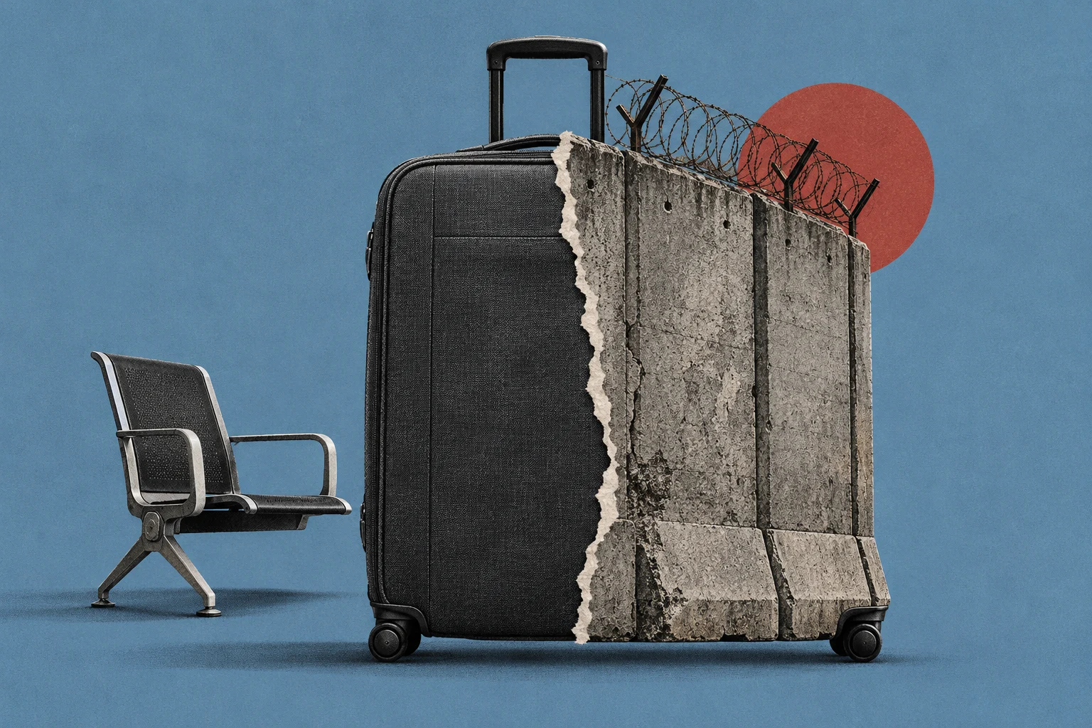 A black rolling suitcase merges with a concrete wall topped with barbed wire, beside an airport chair against a blue background with a red circle.