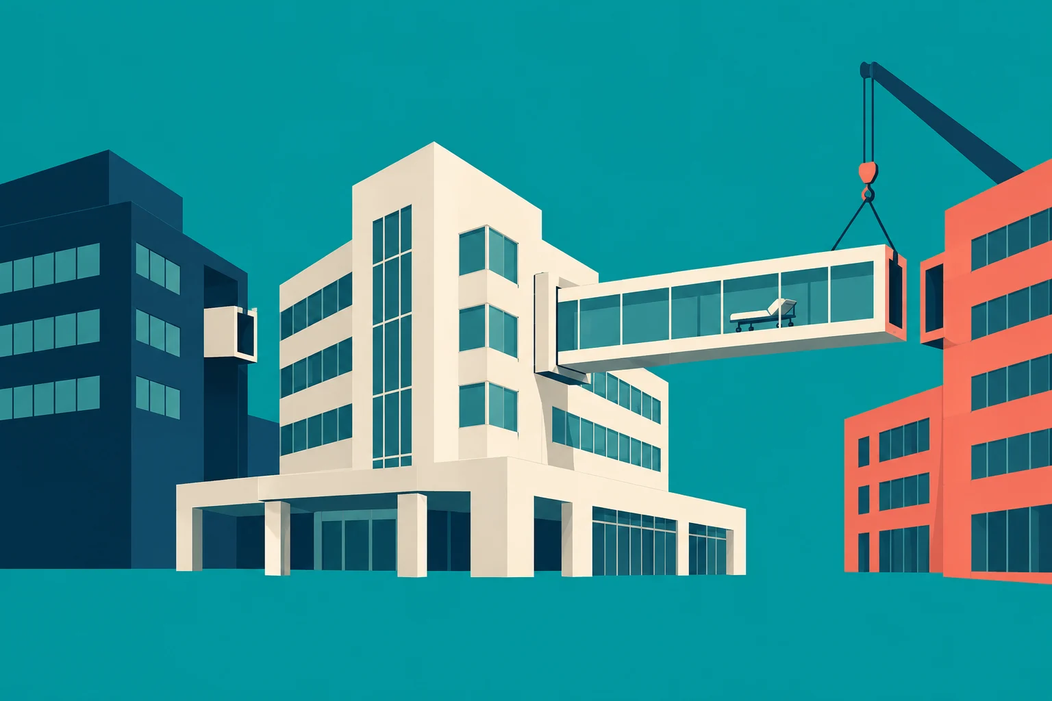 A crane lifts a glass hospital skybridge containing a gurney toward a gap between cream and coral buildings against a teal background.