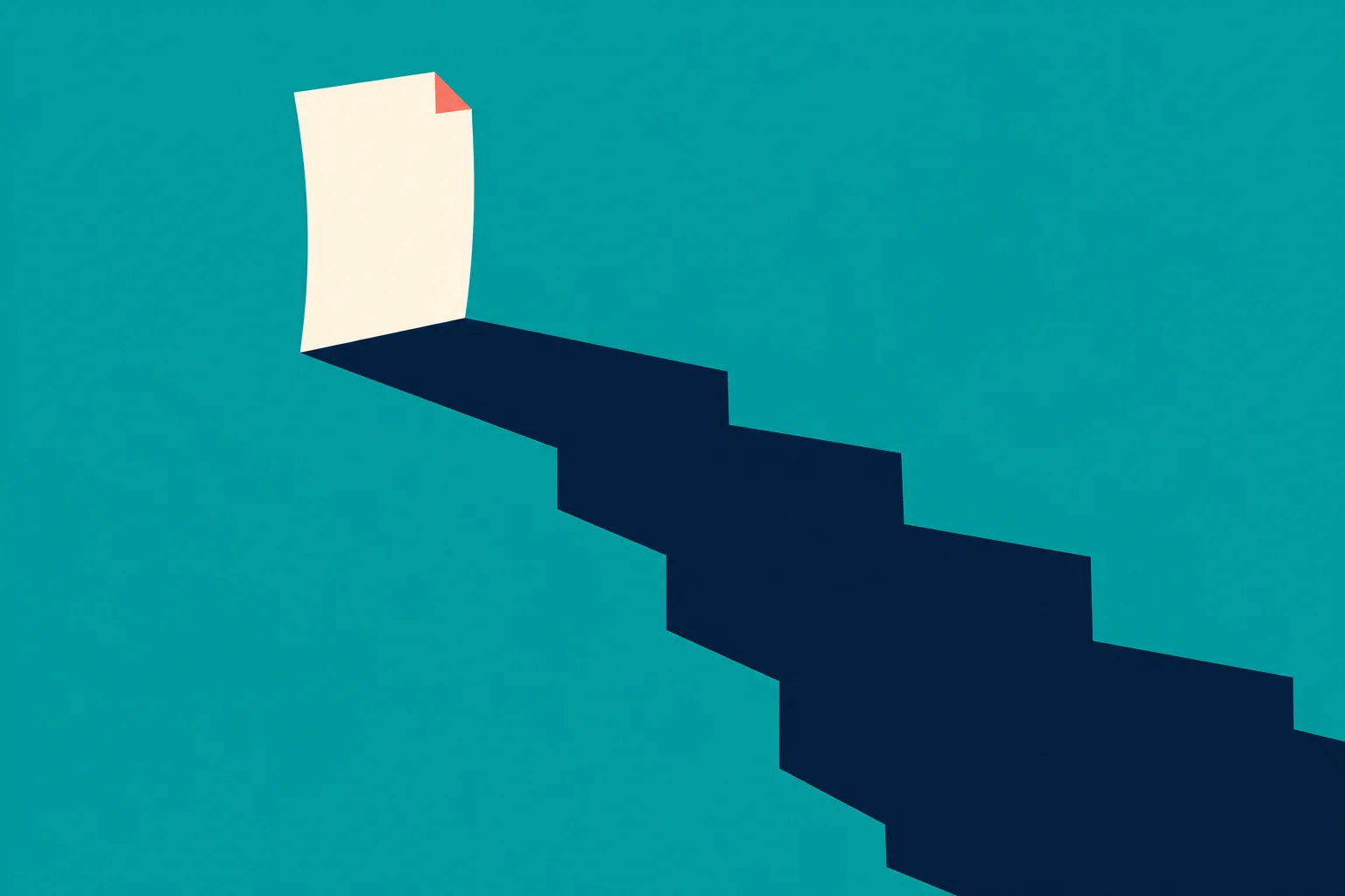 A blank cream sheet with a coral folded corner casts a long, dark staircase-shaped shadow across a teal background.