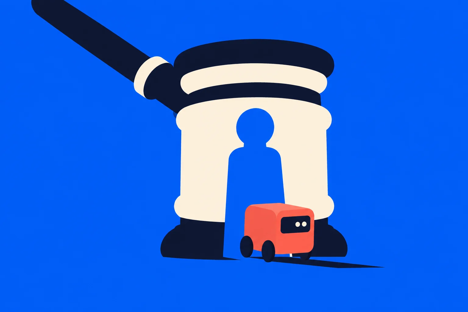 A small red wheeled robot stands before a giant cream keyhole beneath a dark gavel on a bright blue background.