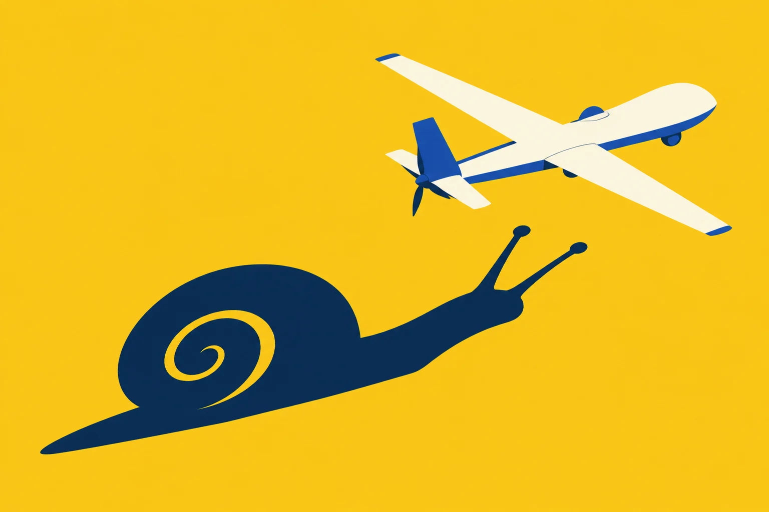 A cream and blue airplane flies above a large dark blue snail silhouette against a bright yellow background.