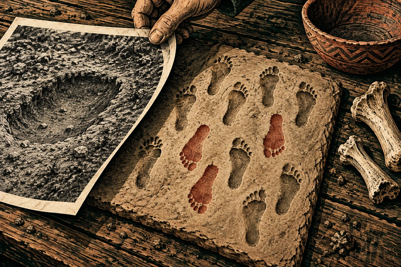 A hand holds a photograph of a footprint beside a stone slab with dark and red footprints, pottery, and bones on a wooden table.
