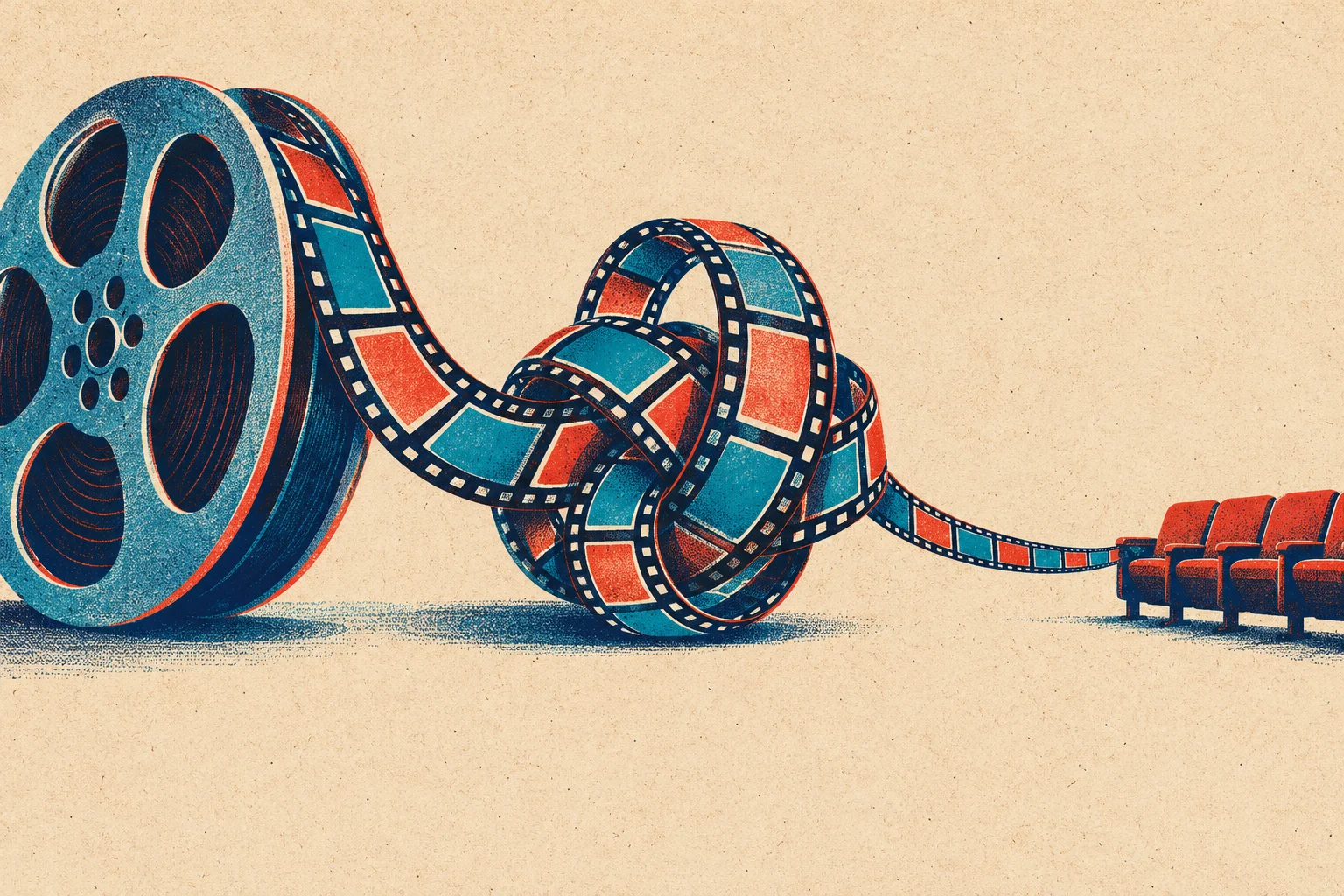 A vintage-style illustration shows a large blue film reel with tangled red and blue film stretching toward red cinema seats on a textured cream background.