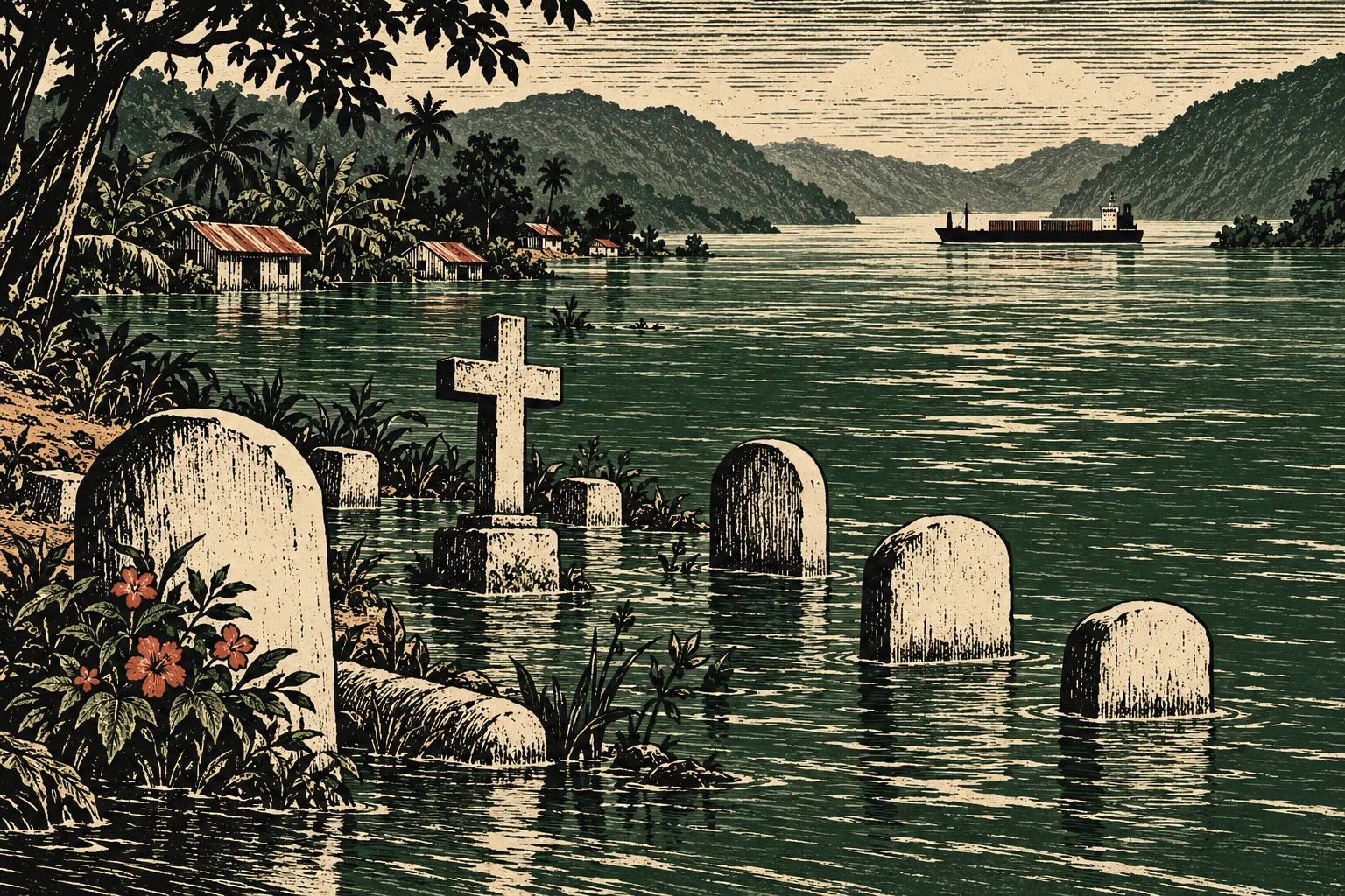 A vintage woodcut depicts a flooded tropical cemetery with partially submerged gravestones, shoreline houses, forested mountains, and a cargo ship in the distance.