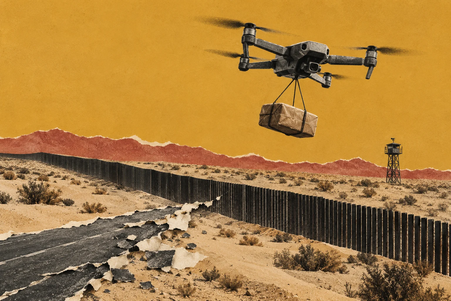 A drone carries a wrapped parcel over a border fence in a desert landscape with a watchtower, distant mountains, and a crumbling road.