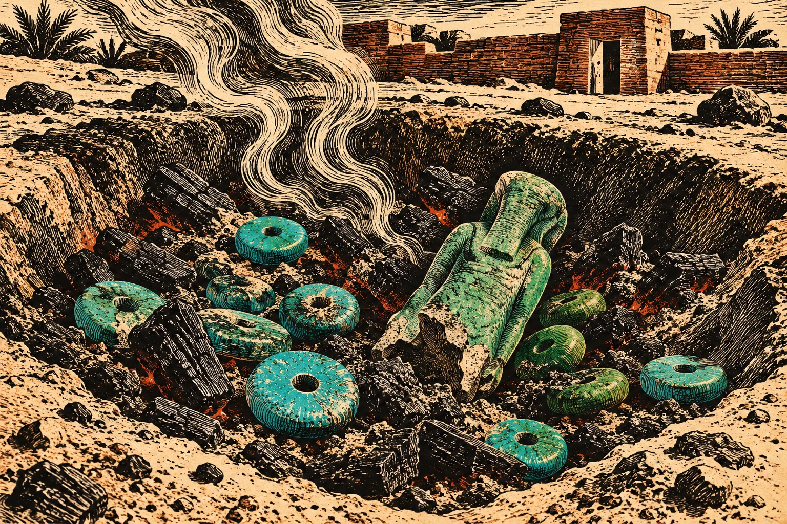 A woodcut-style scene shows a broken green Egyptian statue and turquoise disks smoldering among charcoal in a desert pit near brick ruins.