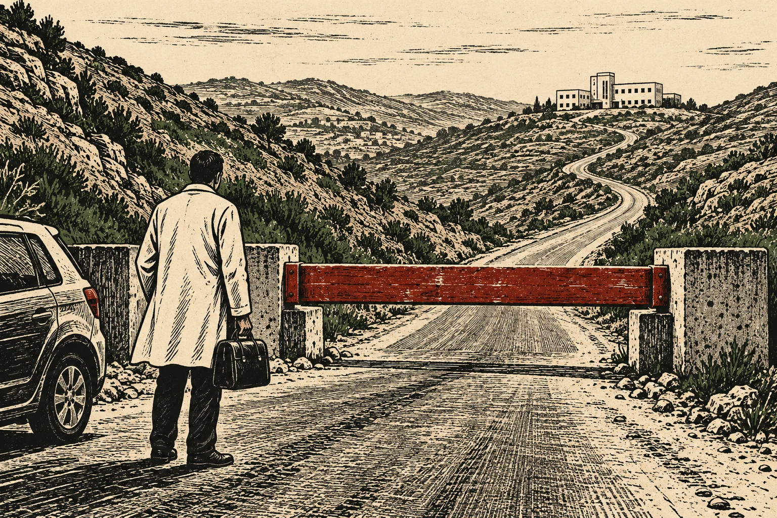 A man in a white coat carrying a bag stands beside a car at a red road barrier, facing a winding mountain road toward a distant building.