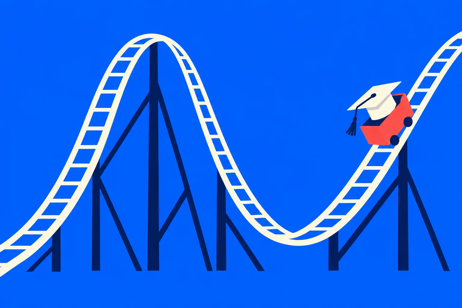 A red roller coaster car carrying a graduation cap climbs a cream-colored track with steep hills and dark blue supports against a bright blue background.
