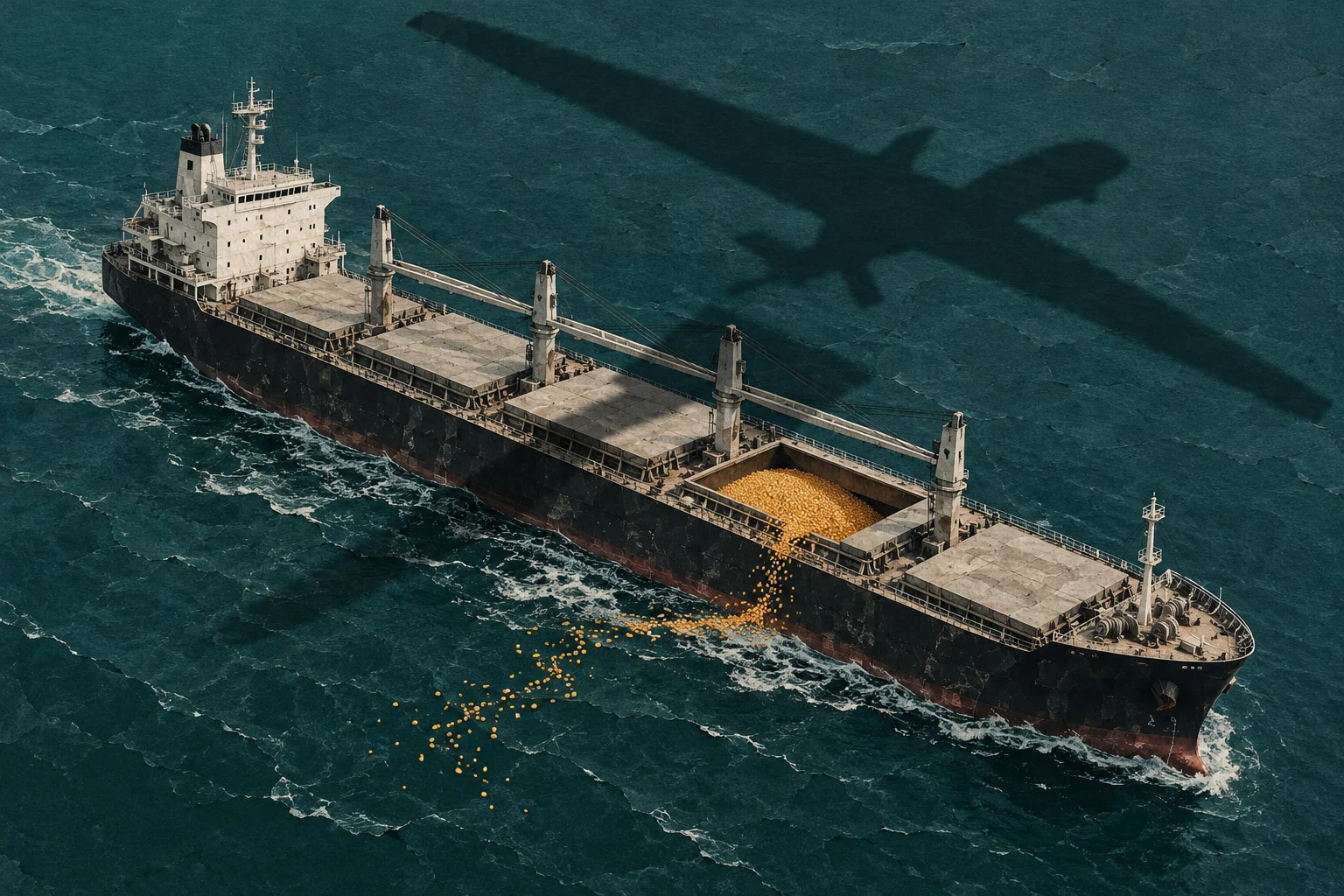 A cargo ship spills golden grain into dark teal seas while the shadow of a large airplane stretches across the water.