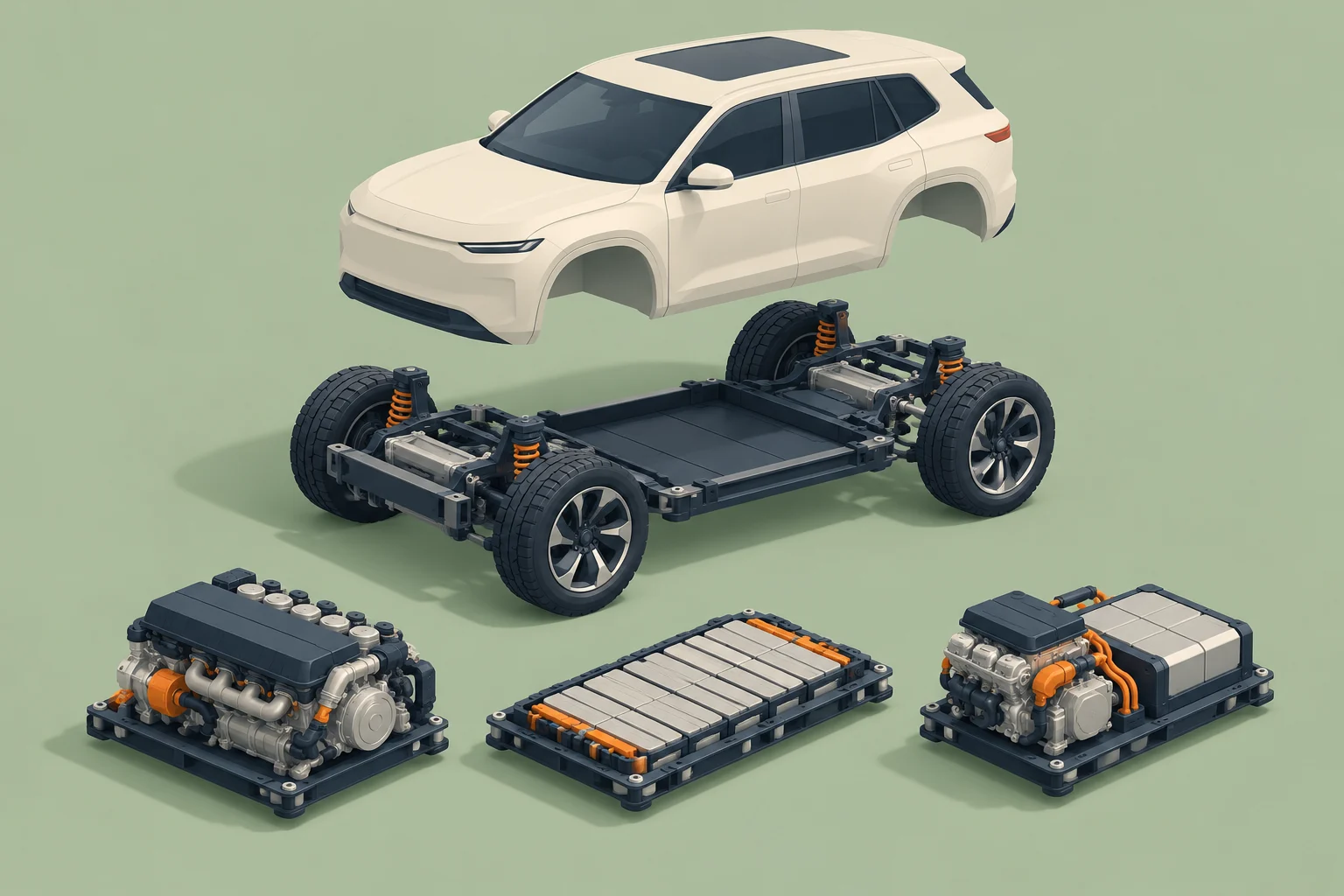 An exploded view of a cream SUV shows its body above a wheeled chassis, with an engine, battery pack, and electric powertrain arranged below.