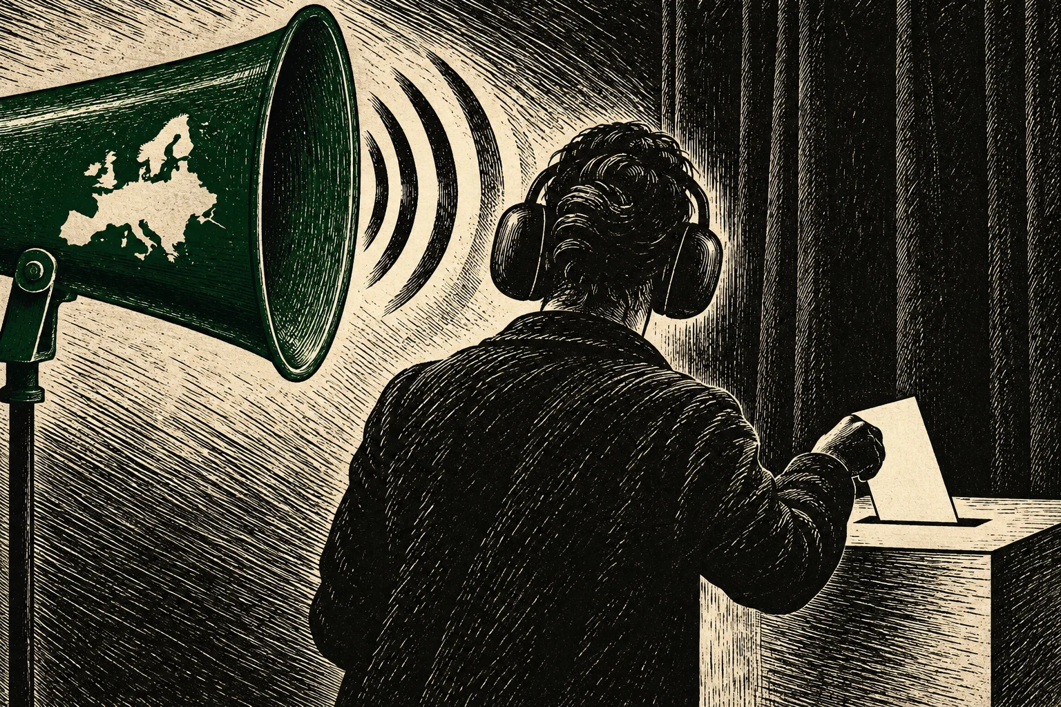 A vintage-style illustration shows a person wearing earmuffs casting a ballot while a large green megaphone bearing a map of Europe projects sound toward them.