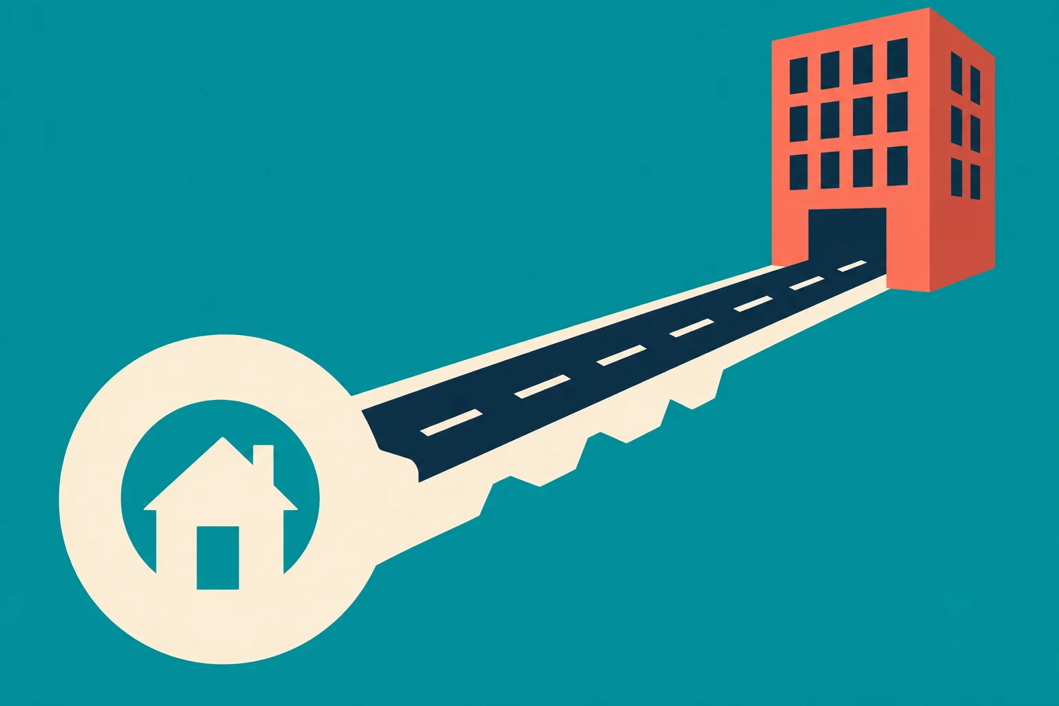 A cream house key forms a road leading from a house symbol inside its circular head to a coral office building against a teal background.