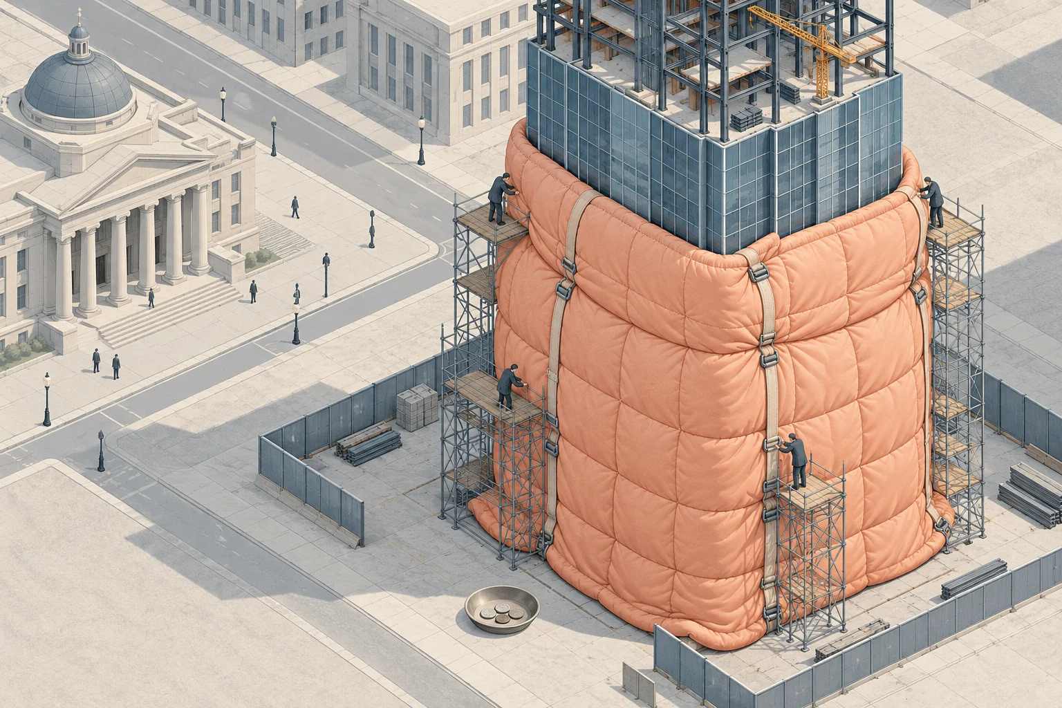 Workers on scaffolding secure a giant peach-colored quilt around a skyscraper under construction beside a domed civic building and quiet city streets.