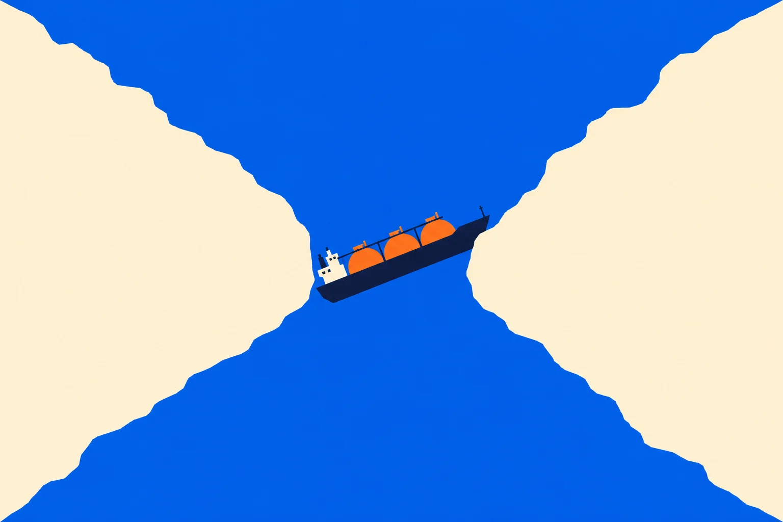 A tanker carrying three orange tanks travels diagonally through a narrow blue channel between two pale sandy shores.
