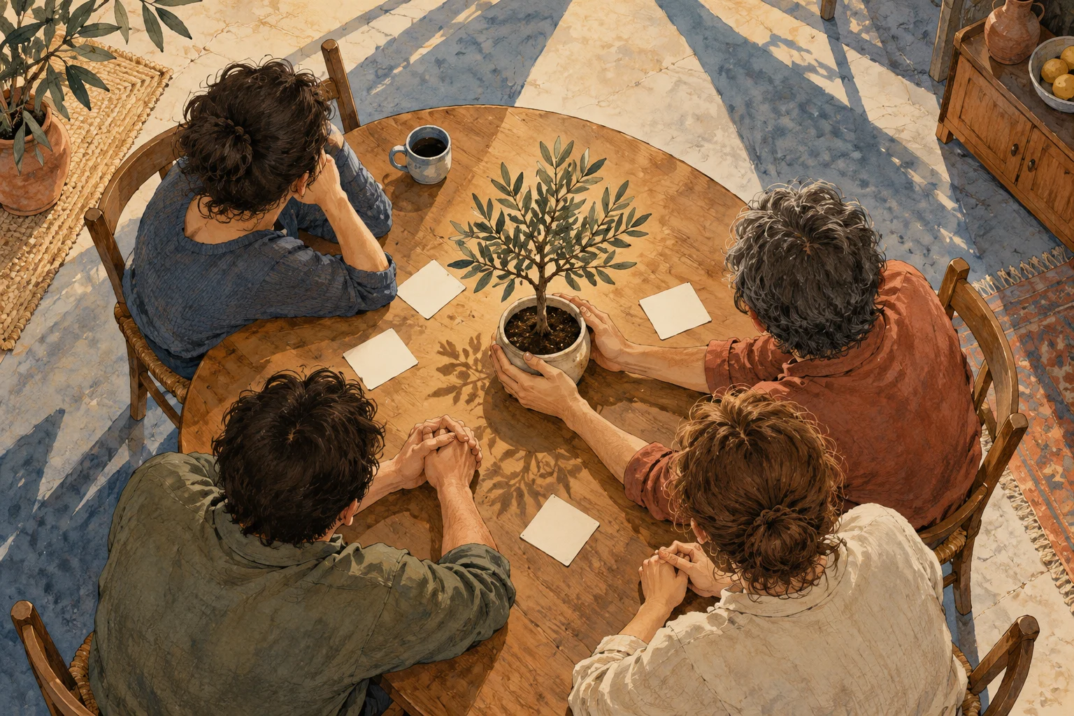 Four people sit around a wooden table with blank cards and a potted olive tree, illuminated by warm sunlight casting long shadows.