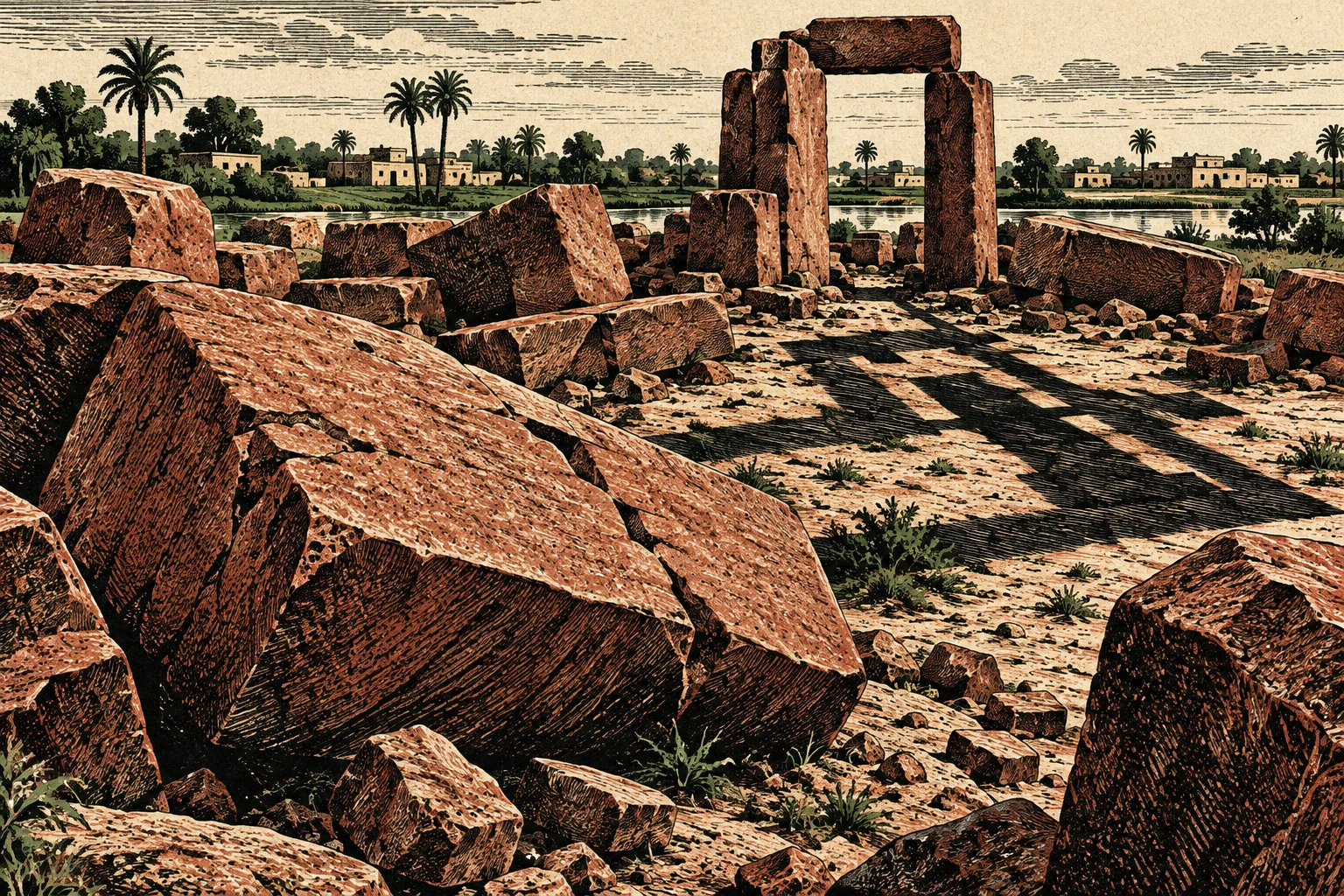 An engraving shows massive reddish stone ruins and a standing stone doorway beside a river, with palm trees and village buildings beyond.