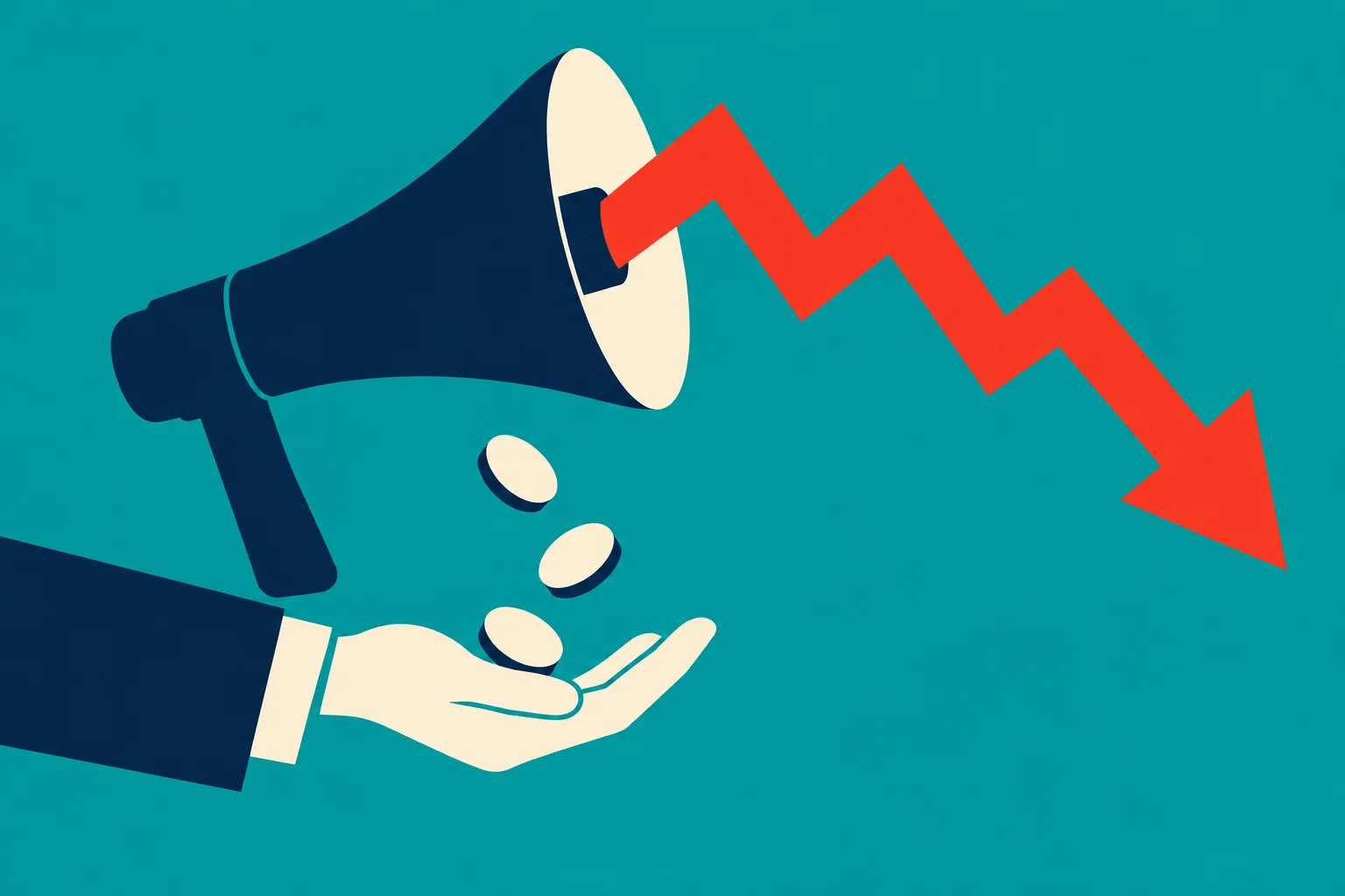 A megaphone emits a red zigzag downward arrow above three falling coins and an outstretched hand against a teal background.