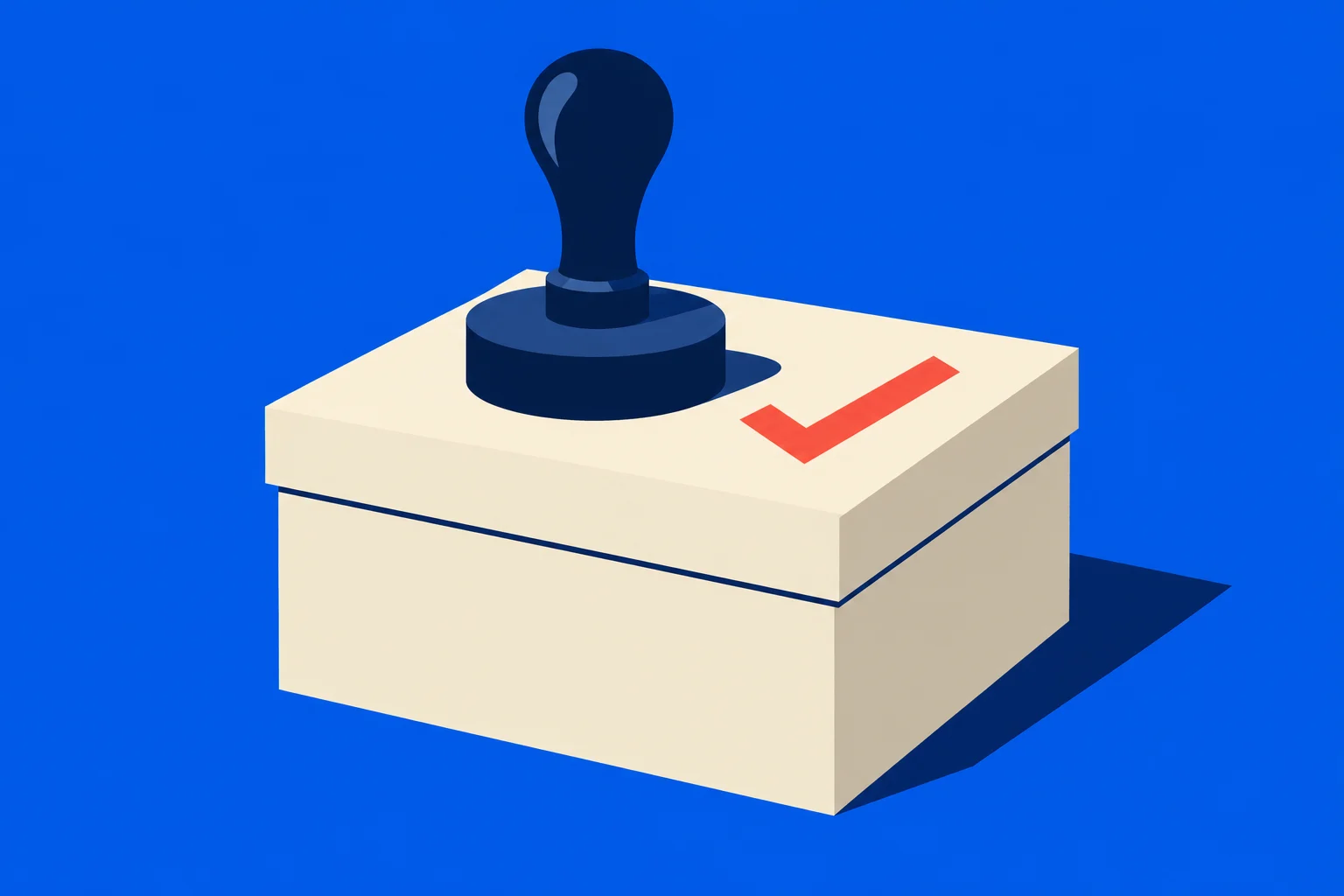 A dark blue rubber stamp rests on a cream-colored box with a red check mark, against a bright blue background.