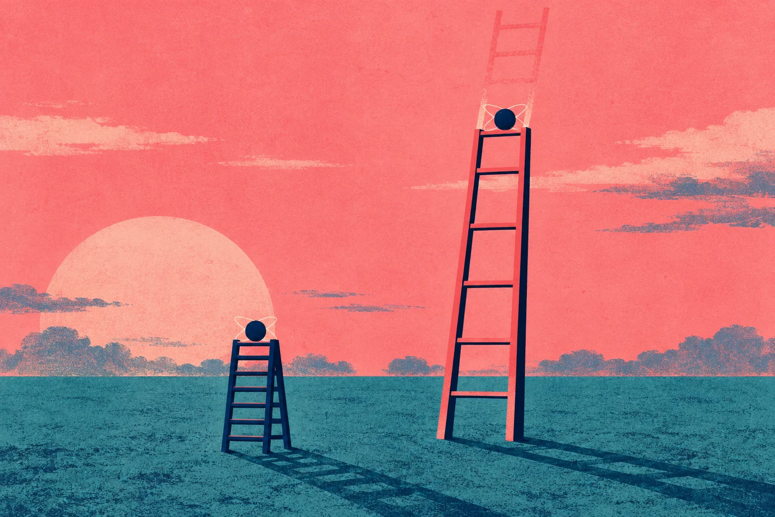 Two ladders of different heights support dark spheres with orbit-like rings against a coral sky, with long shadows stretching across teal ground.