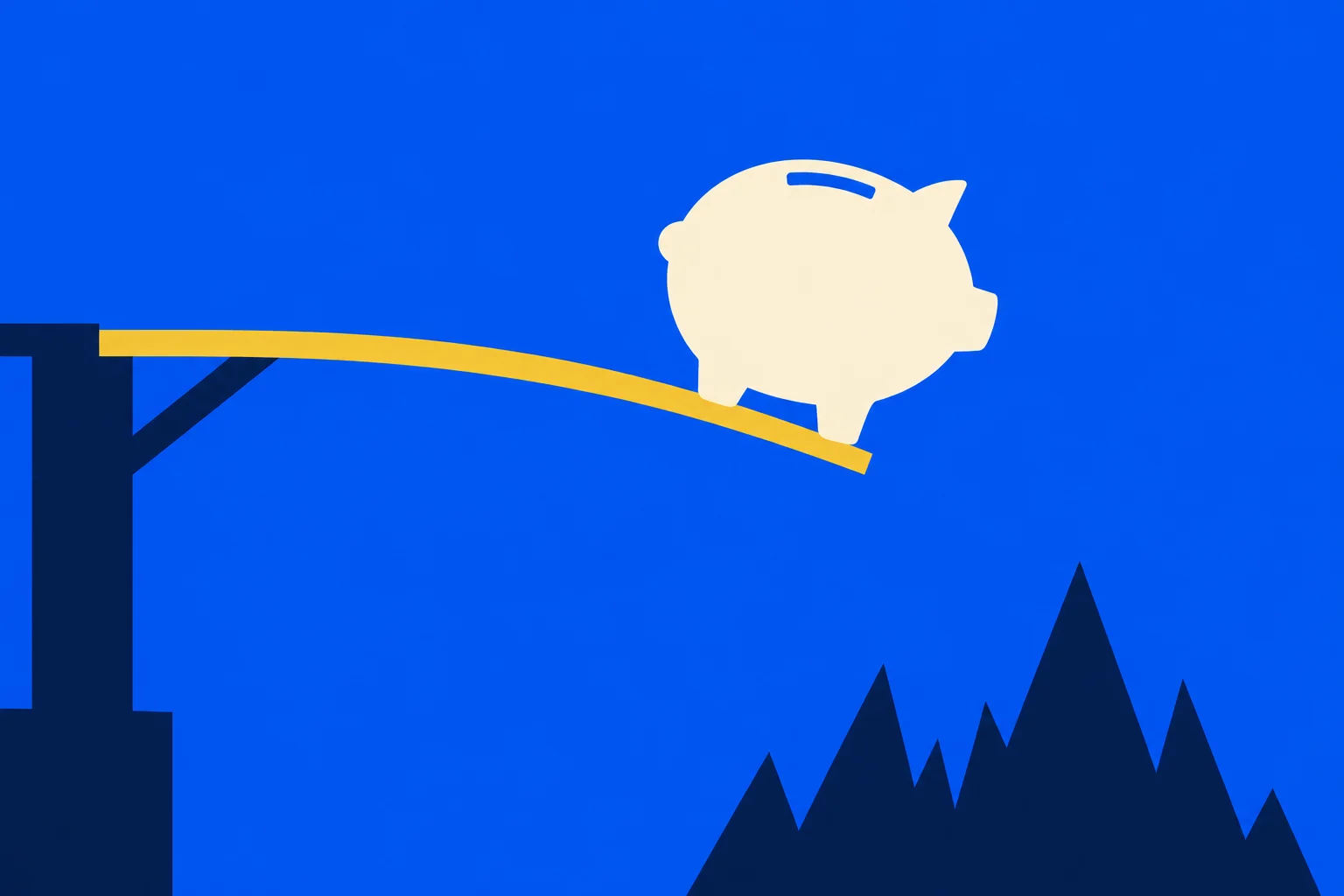A cream piggy bank stands on a bending yellow plank extending from a dark support over jagged dark spikes against a bright blue background.