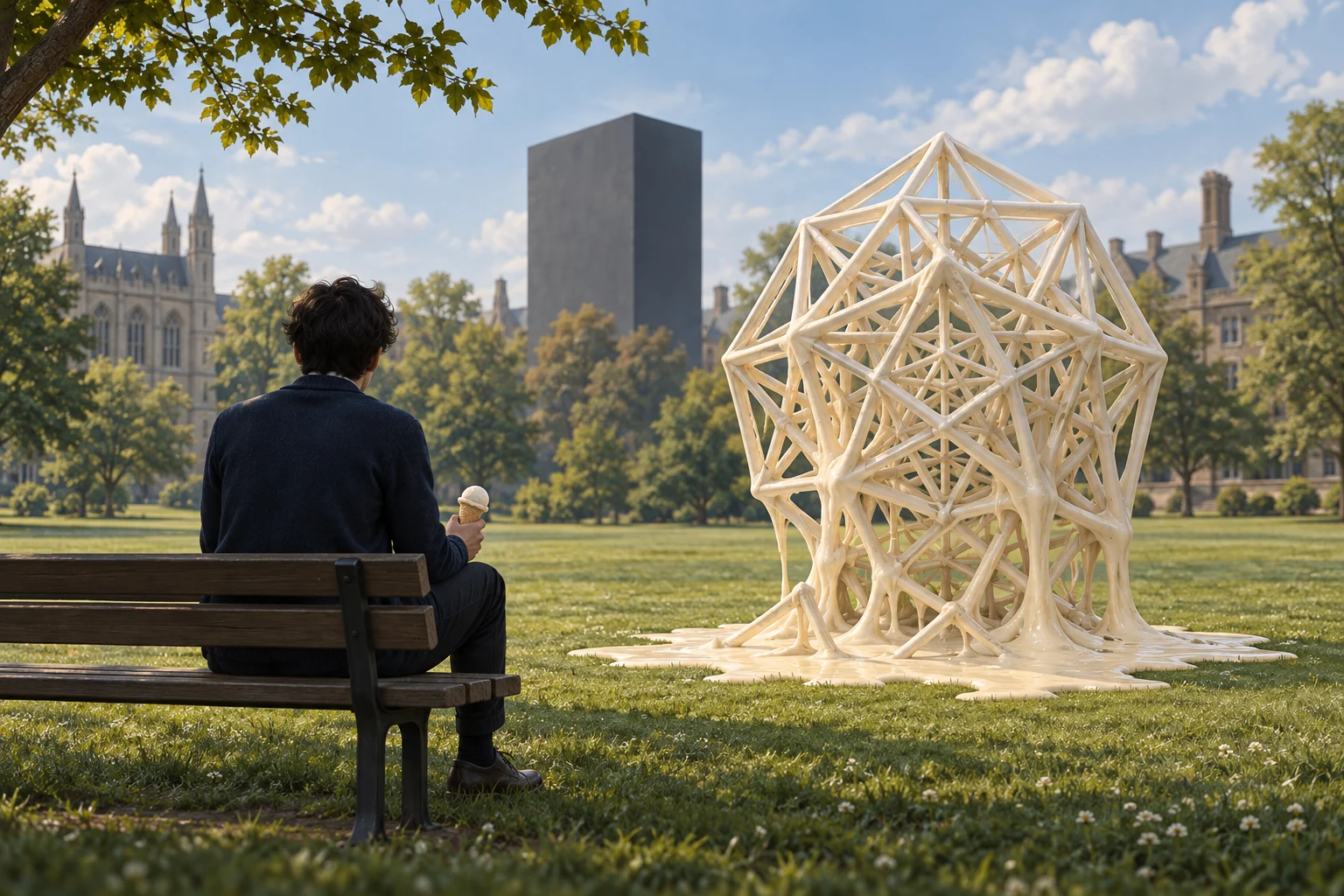A person holding an ice cream sits on a park bench facing a large, melting cream-colored geometric sculpture, with university buildings and trees behind it.
