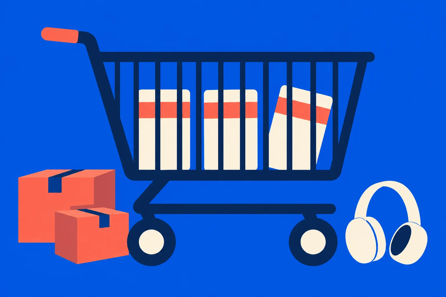 A navy shopping cart holding three cream packages with coral stripes stands beside two coral delivery boxes and cream headphones on a blue background.