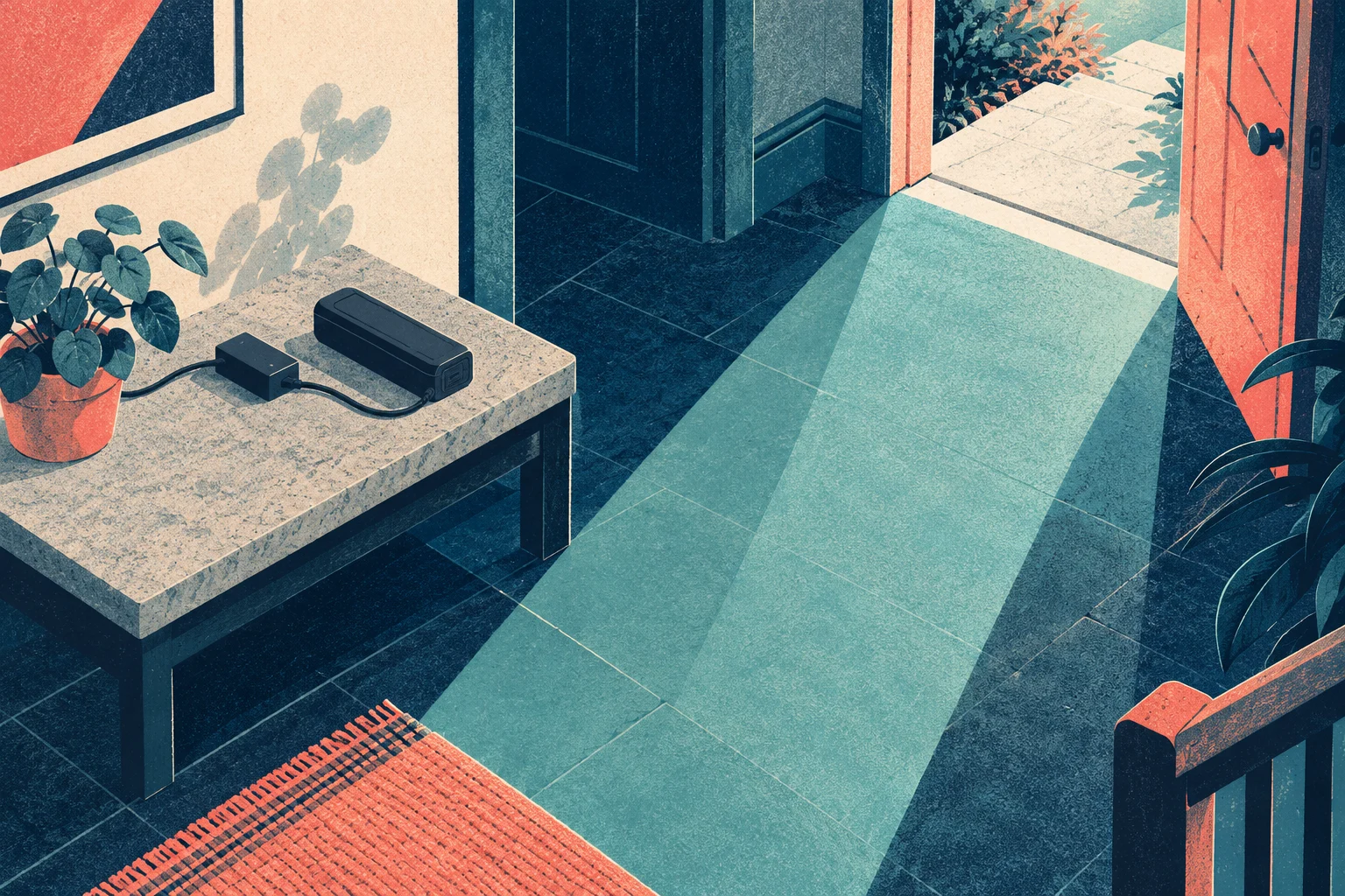 Sunlight streams through an open coral door onto a tiled floor beside a table holding a potted plant and connected electronic devices.