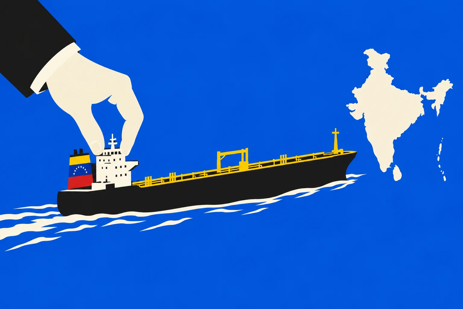 A large hand holds a tanker with Venezuelan flag colors on its funnel as it sails toward a map of India against a blue background.