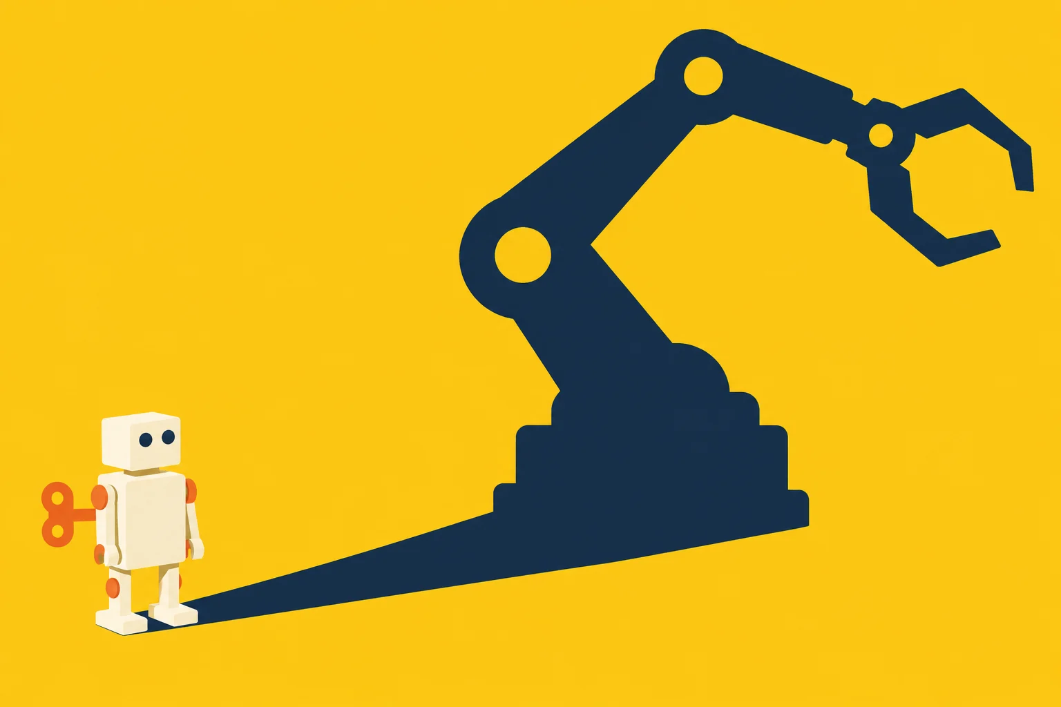 A small cream-colored wind-up robot casts a large dark shadow shaped like an industrial robotic arm with a claw against a bright yellow background.