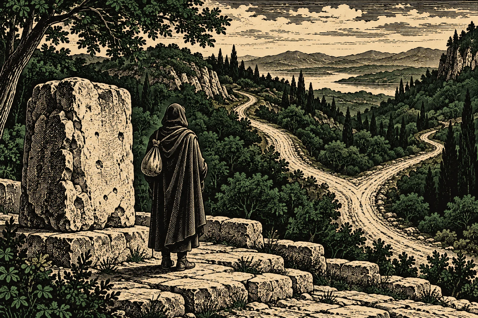 A cloaked traveler stands among stone ruins overlooking a forked road through wooded hills, with a lake and mountains in the distance.