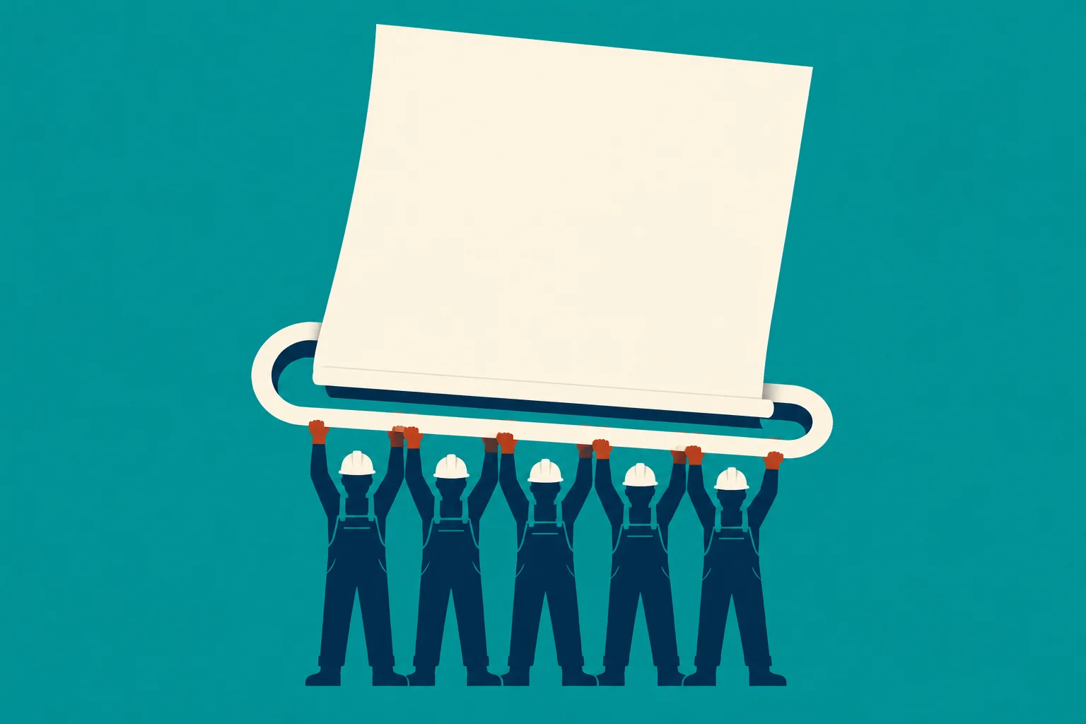 Five workers wearing hard hats hold up a giant blank cream-colored sheet on a horizontal support against a teal background.