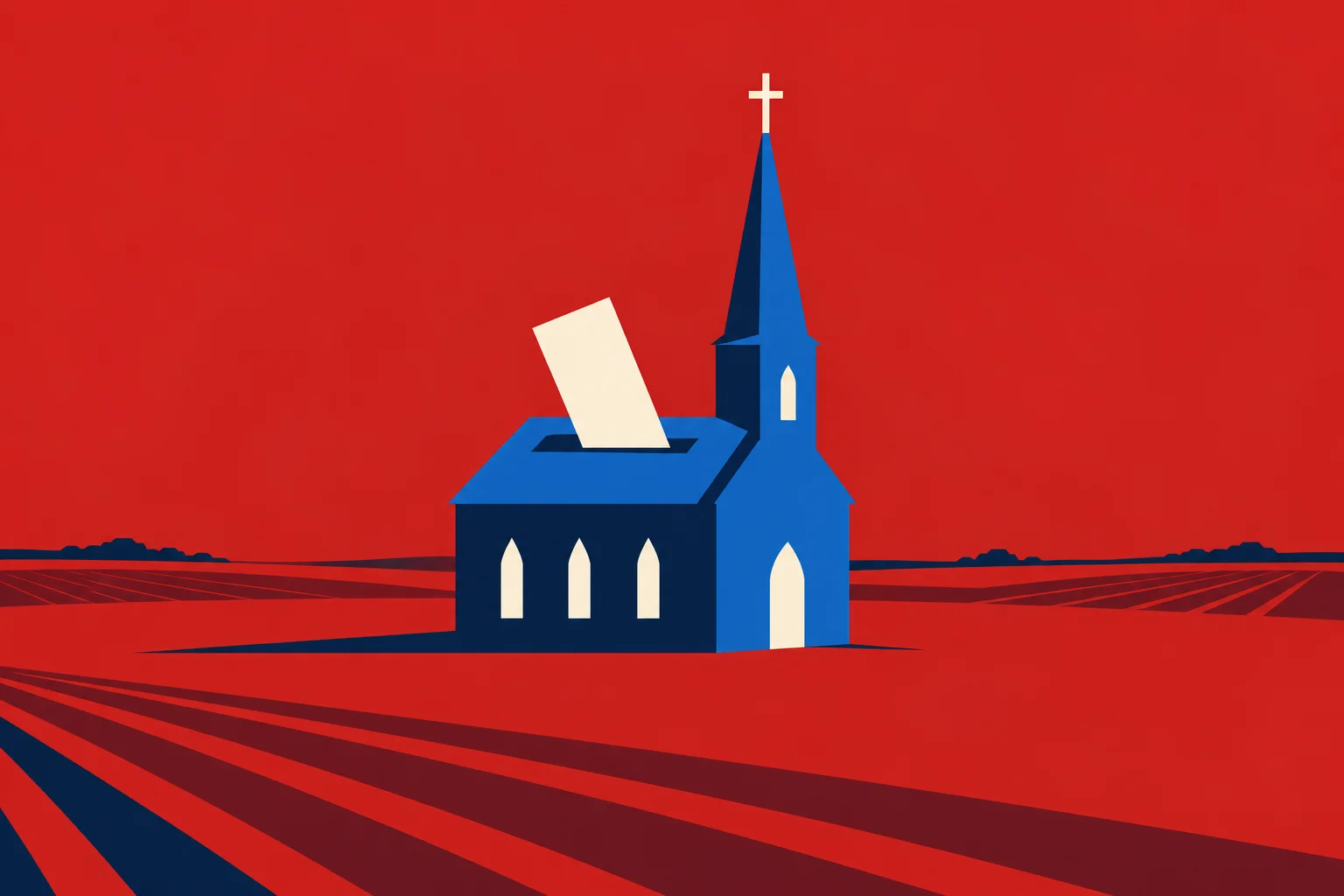 A blue church doubles as a ballot box, with a cream ballot entering its roof, against a vivid red sky and stylized fields.