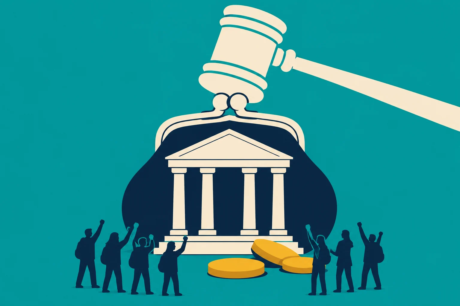 A gavel hovers above a coin purse displaying a courthouse, with gold coins and people raising their fists against a teal background.