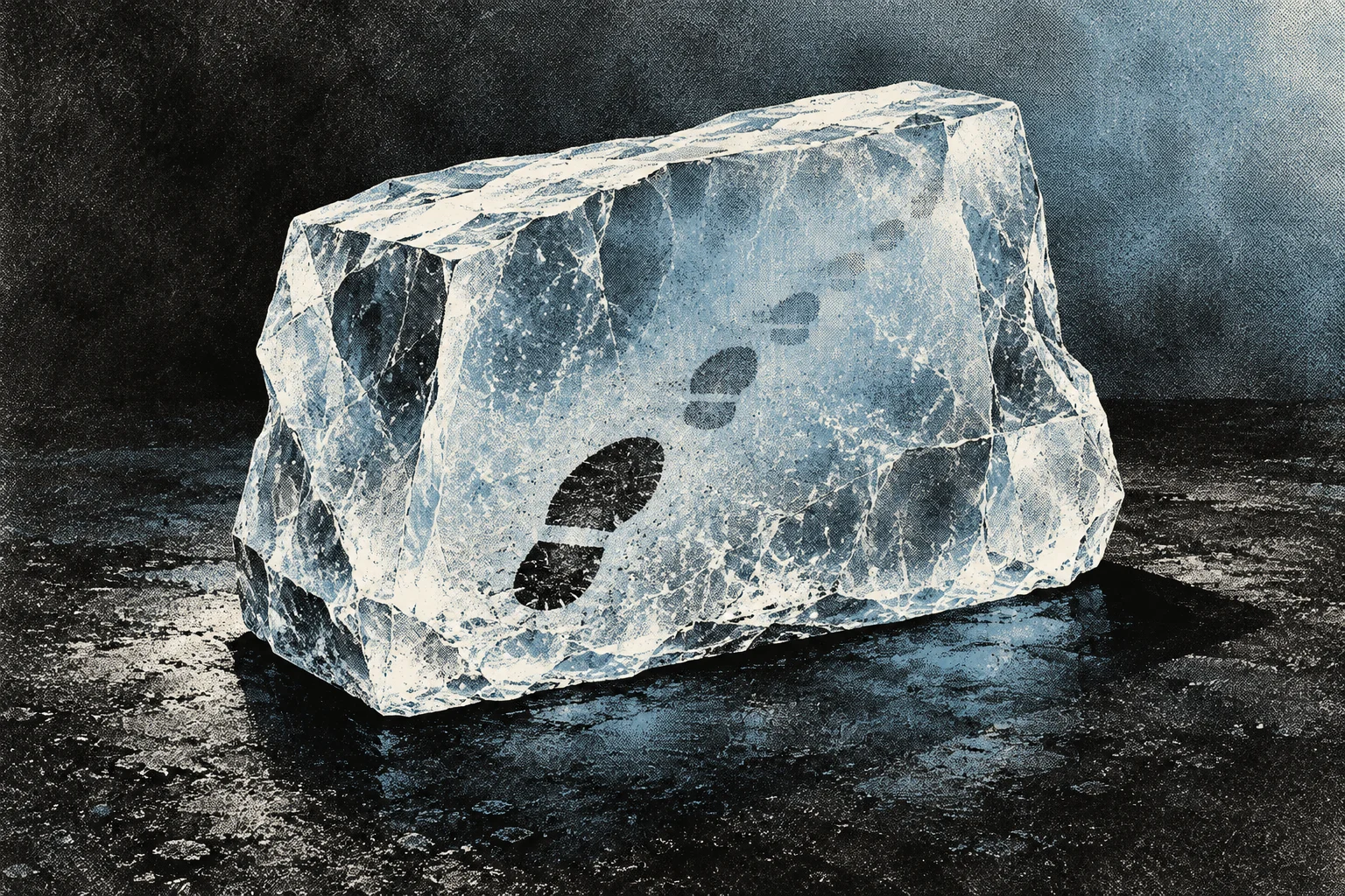 A translucent, cracked block of ice containing dark footprints rests on a wet surface against a dark background.