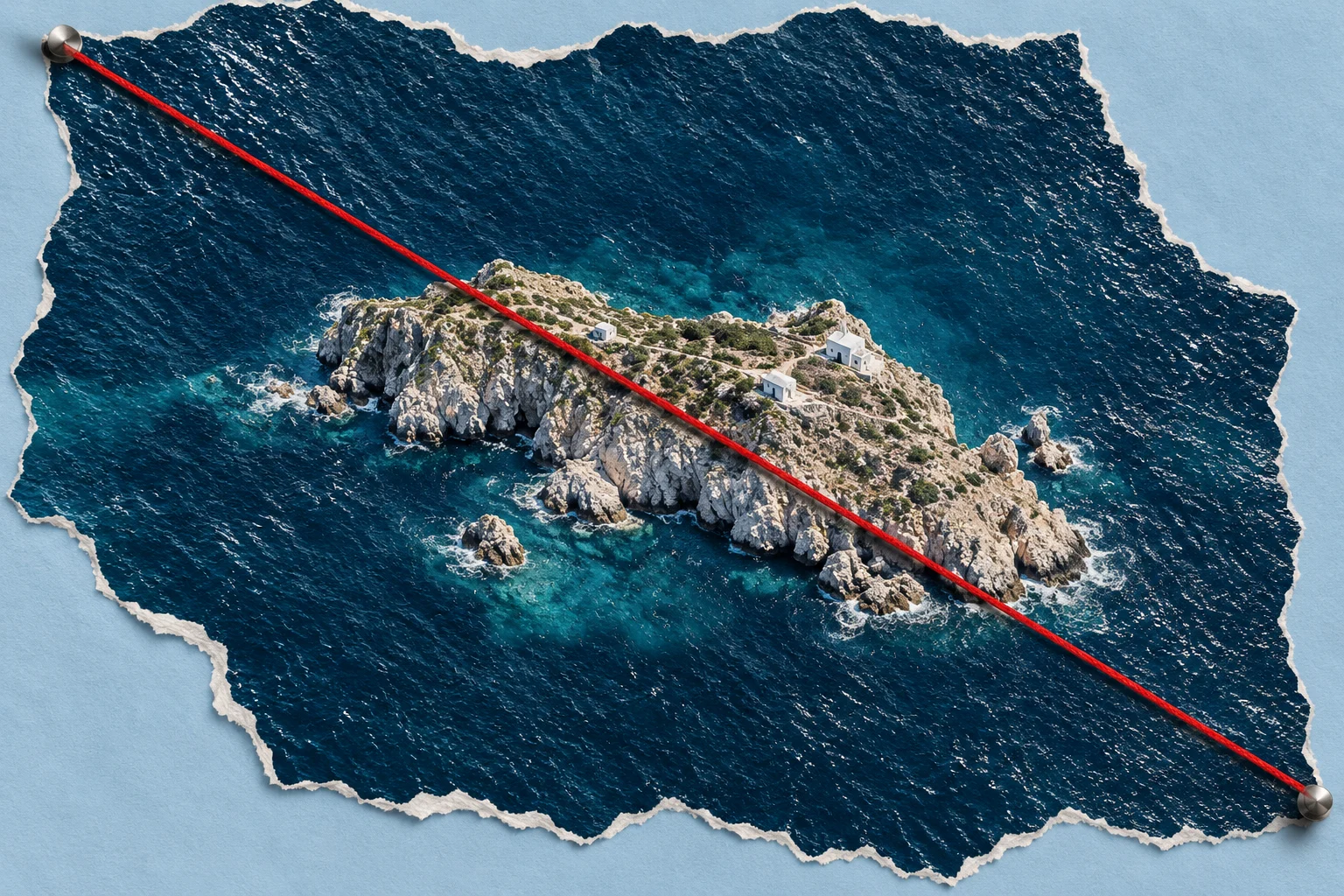 A red string pinned diagonally across a torn aerial photograph of a rocky island with white buildings, surrounded by deep blue sea on pale blue paper.