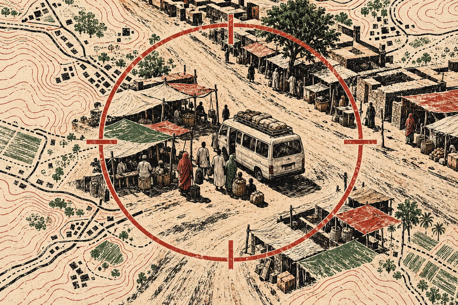 A vintage-style illustration shows a minibus and people in a village market, encircled by a red targeting reticle over a map with contour lines.