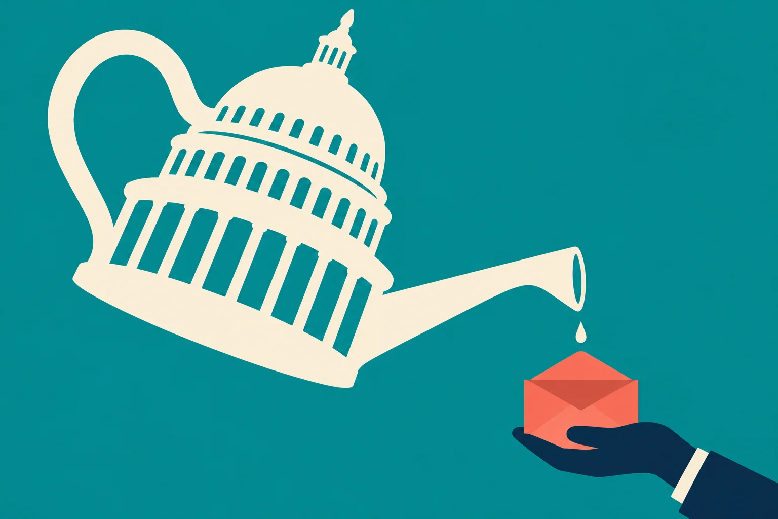 A cream watering can shaped like the U.S. Capitol drips onto a red envelope held by a dark blue hand against a teal background.