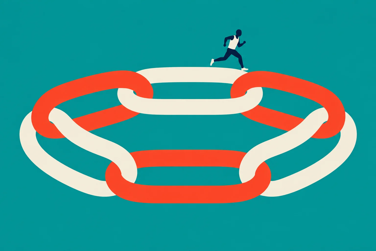 A runner strides atop oversized interlocking orange and cream chain links arranged in a circle against a teal background.