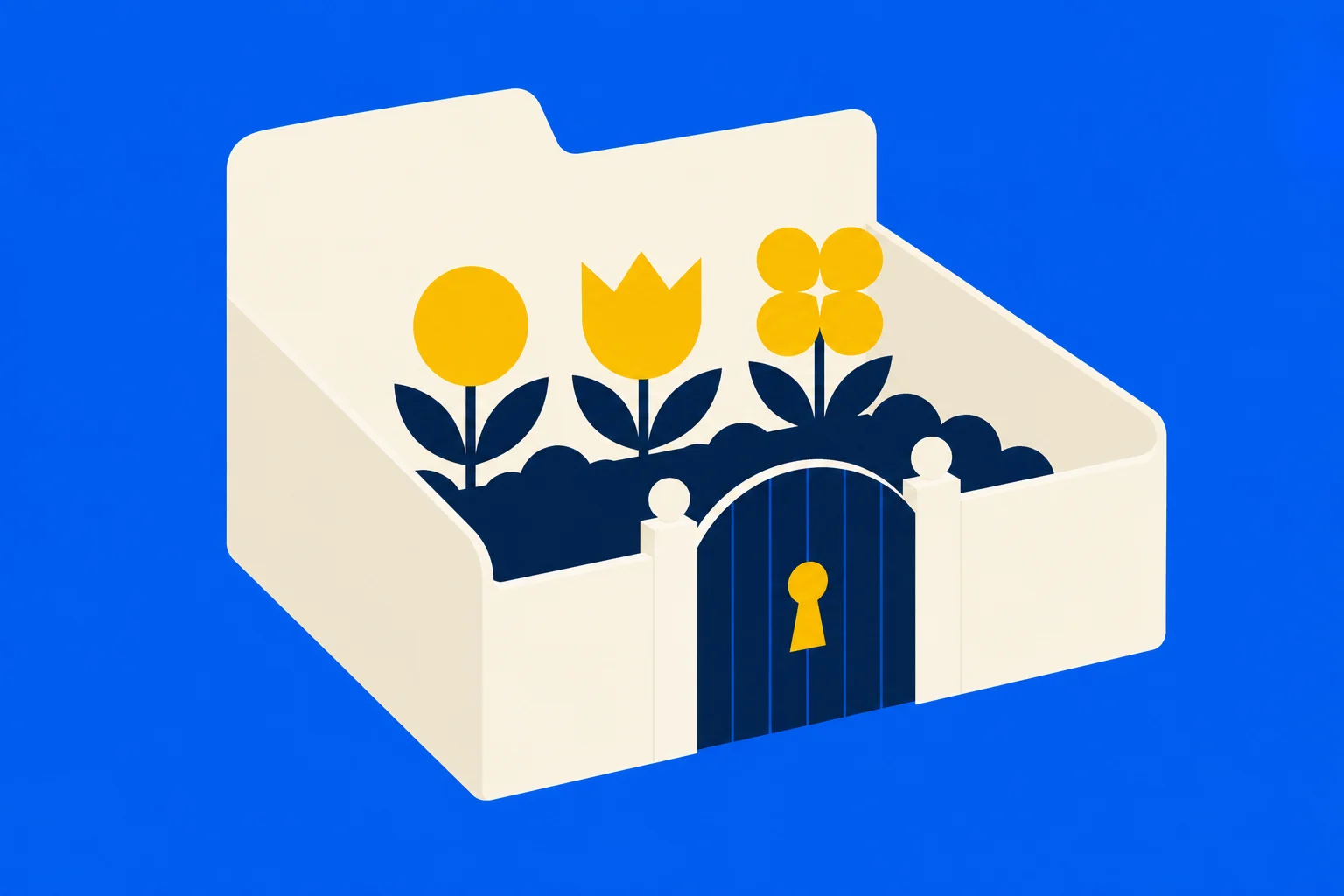 A cream folder forms a walled garden containing three yellow flowers, with a dark blue gate and yellow keyhole against a bright blue background.