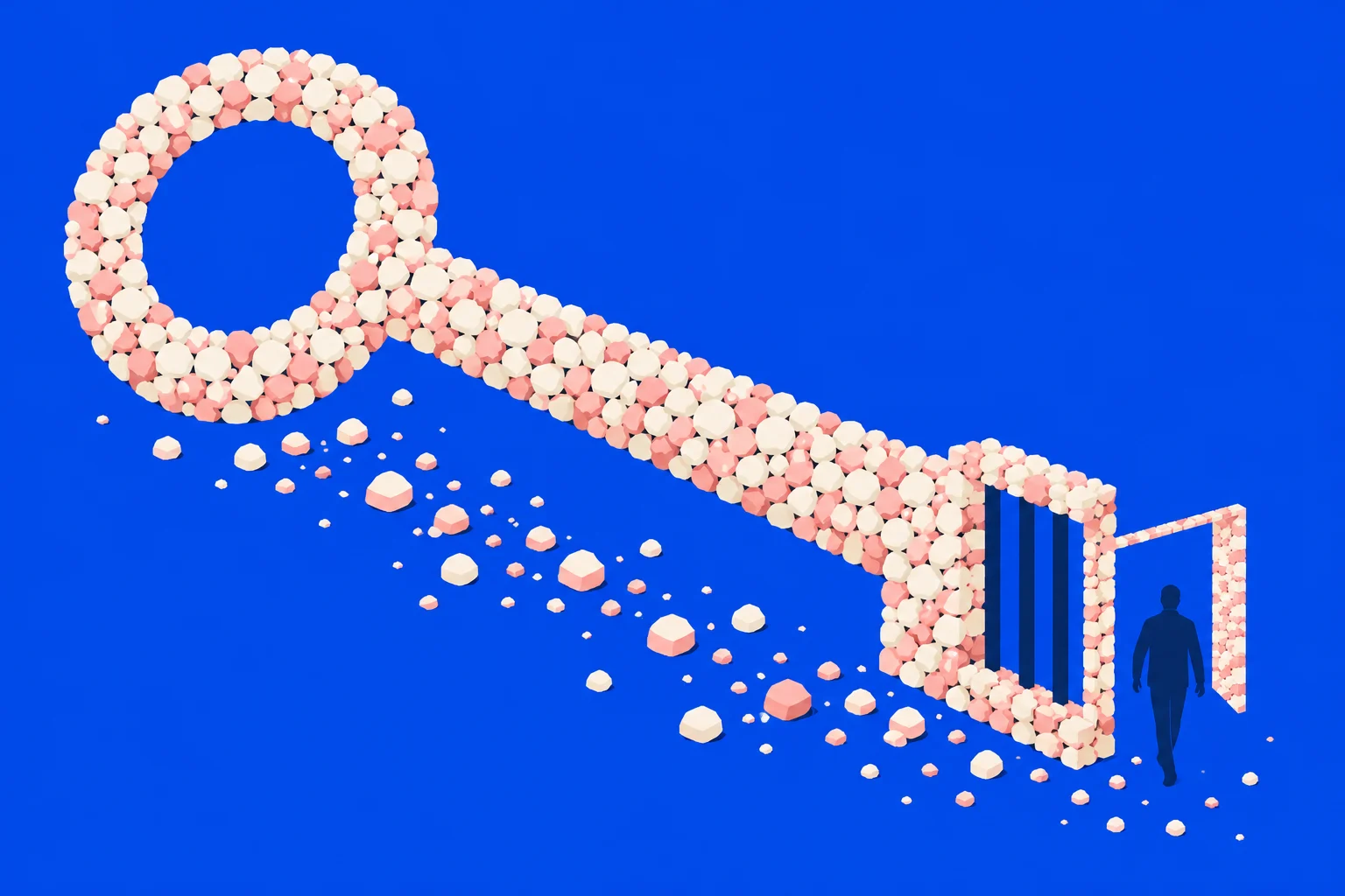 A large key made of pink and cream stones forms an open doorway, with a dark human figure walking through against a bright blue background.
