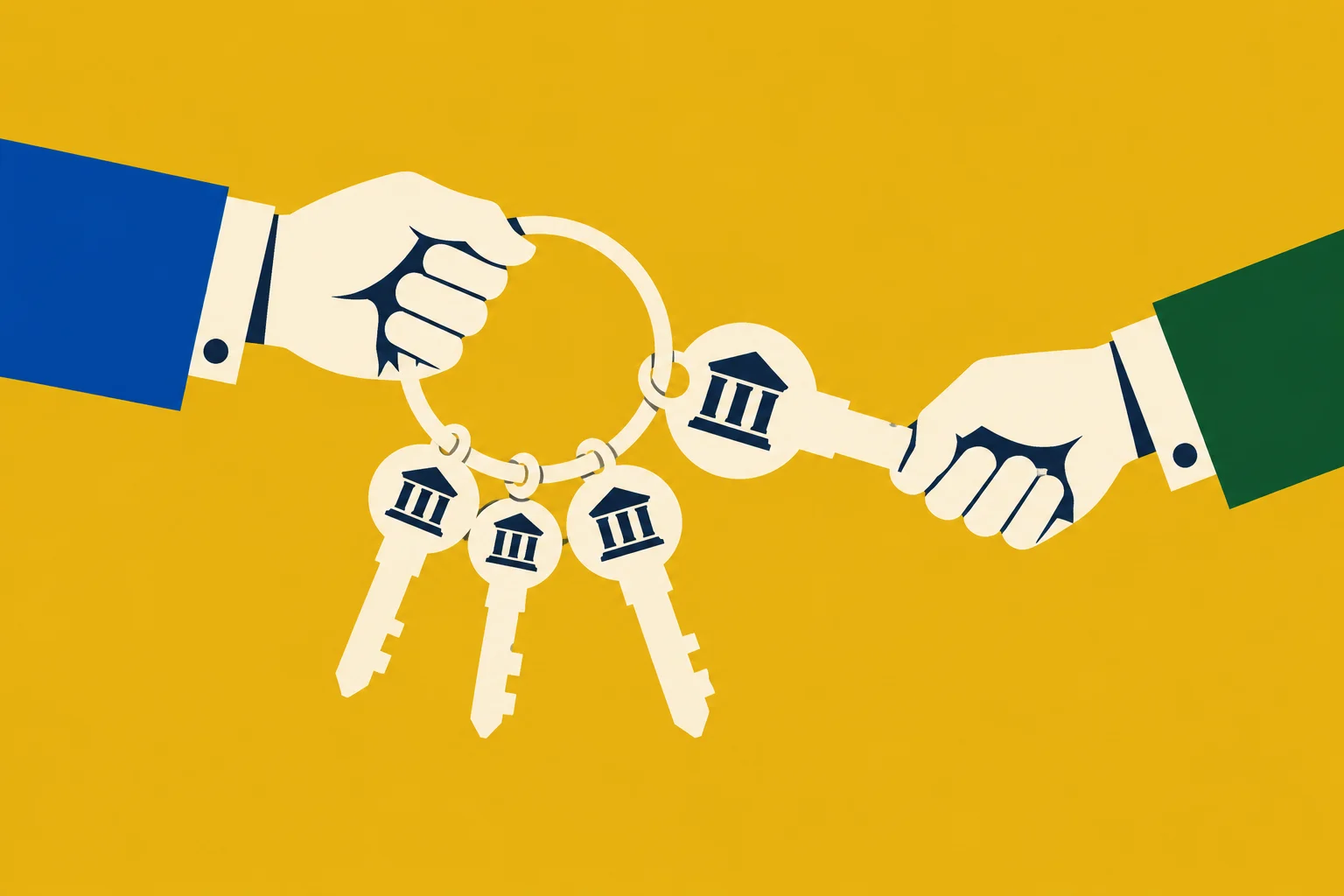 Two hands hold a ring of four cream-colored keys marked with bank symbols against a yellow background, with one hand gripping the largest key.