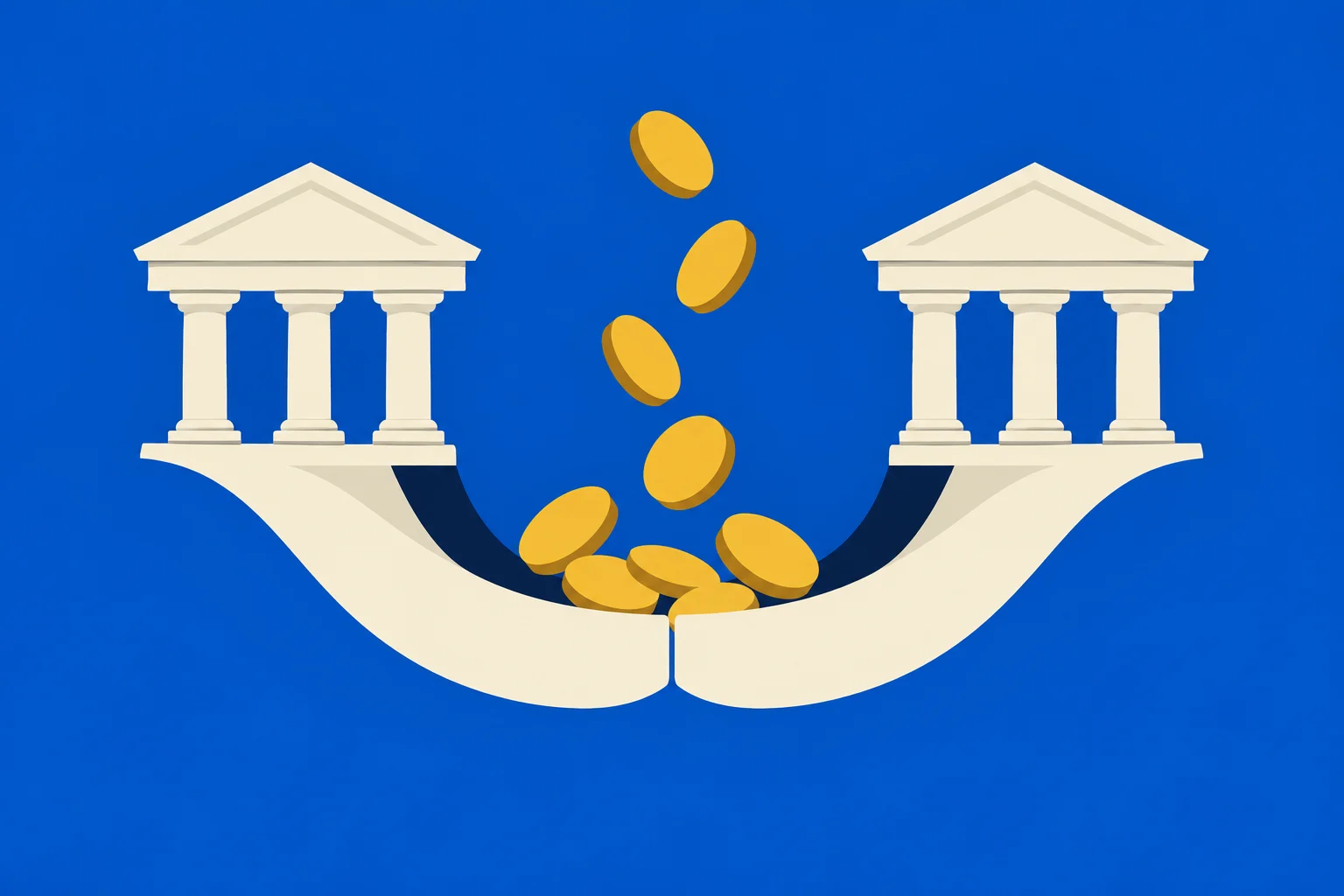 Gold coins fall between two classical bank buildings perched on opposite ends of a curved, broken bridge against a blue background.