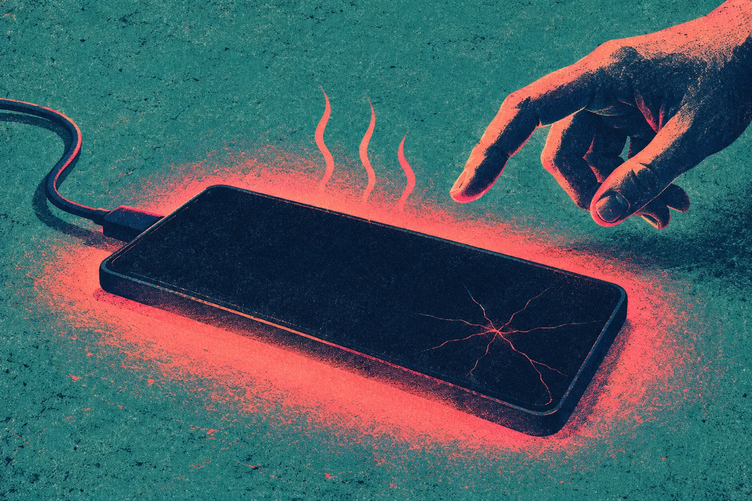 A hand reaches toward a cracked smartphone connected to a charging cable, surrounded by a red glow and rising heat waves on a textured teal surface.