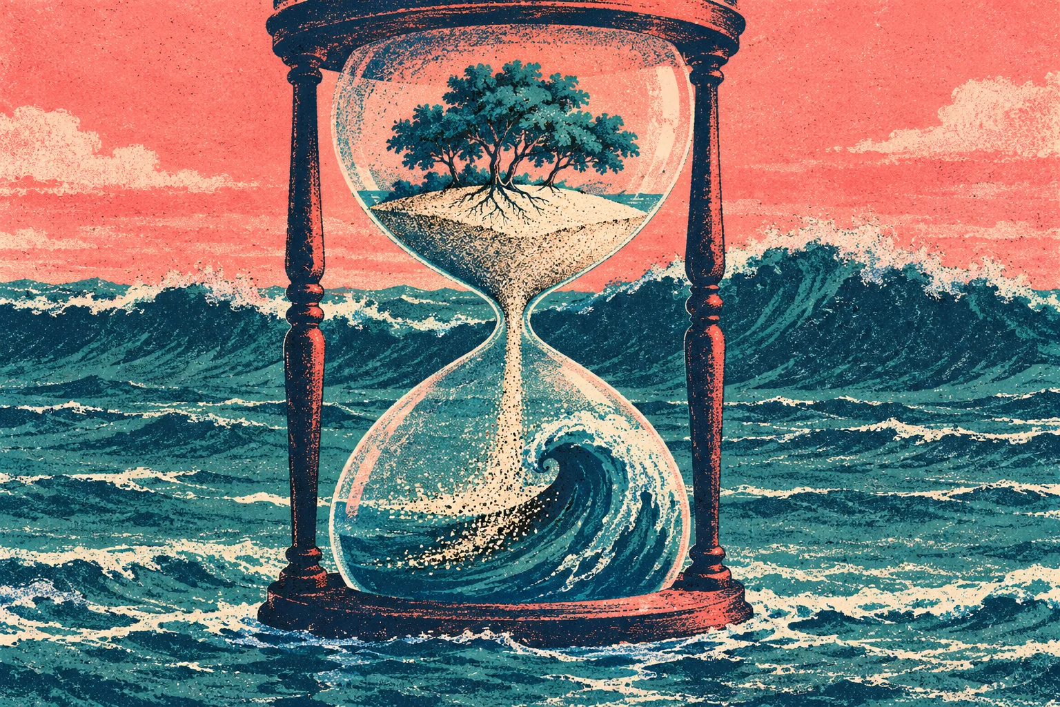 An hourglass stands amid turbulent ocean waves, with trees growing above sand that pours into a curling wave below, against a coral sky.