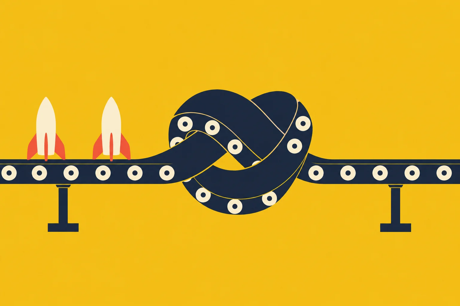 Two stylized rockets sit on a dark conveyor belt tangled into a large knot against a yellow background.