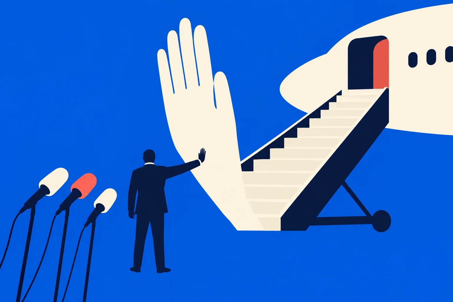 A suited man waves beside microphones as airplane boarding stairs merge into a giant raised hand against a blue background.