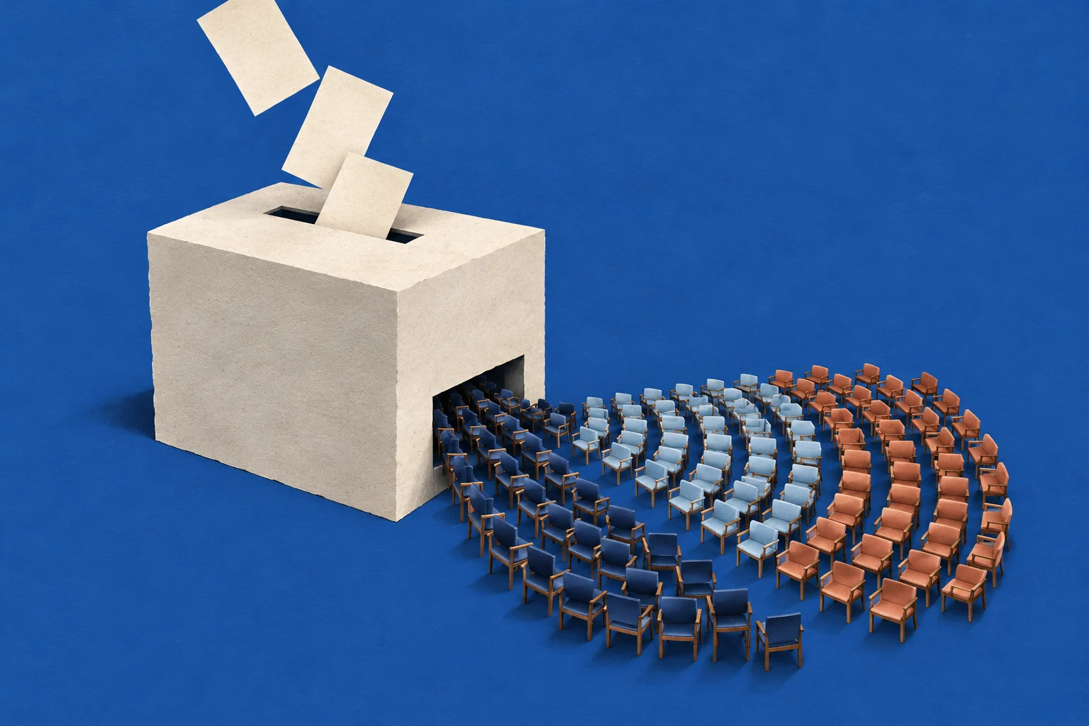 Paper ballots drop into a large cream ballot box beside curved rows of miniature chairs in dark blue, light blue, and orange on a blue background.