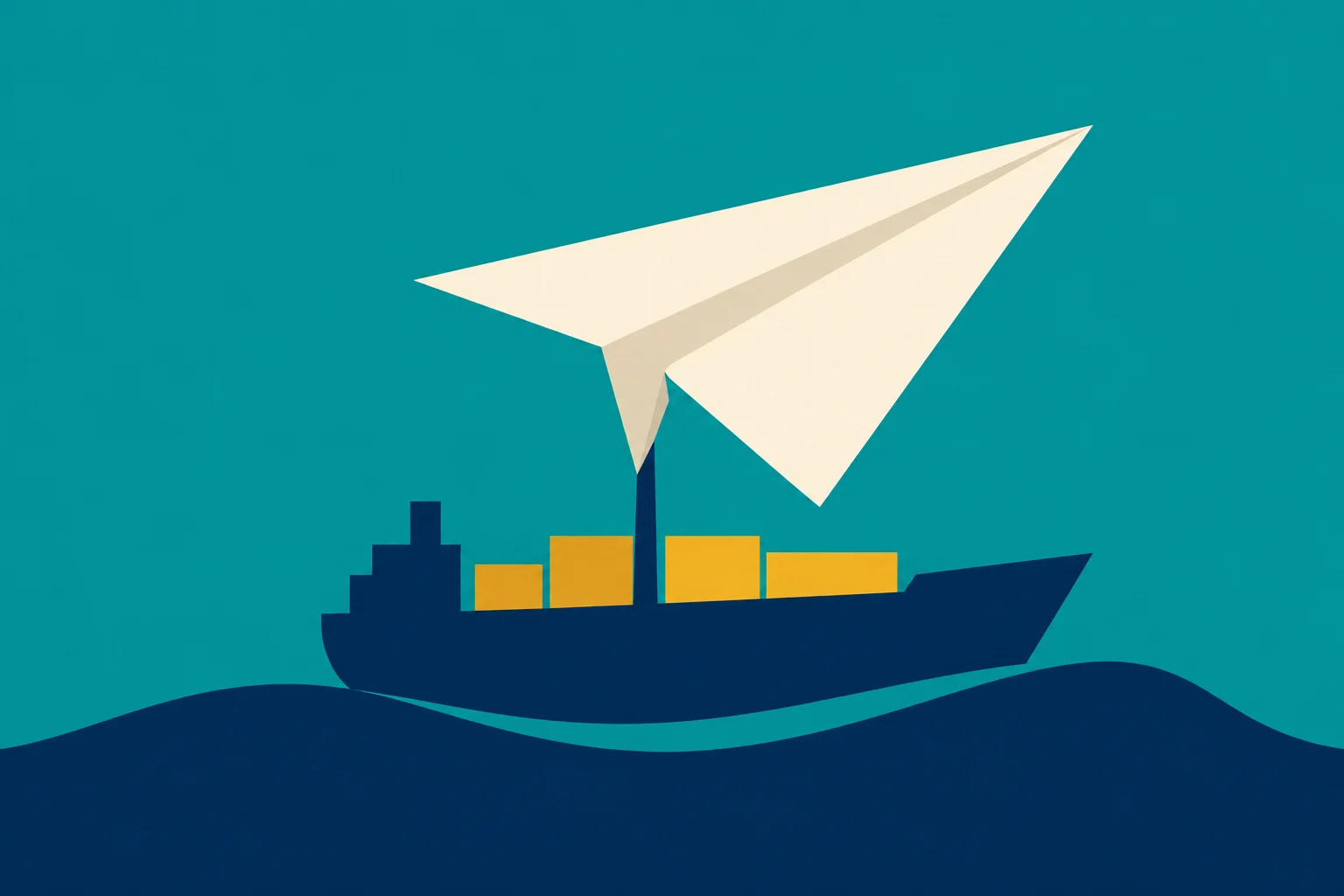 A large cream paper airplane soars above a navy cargo ship carrying yellow containers on stylized waves against a teal background.